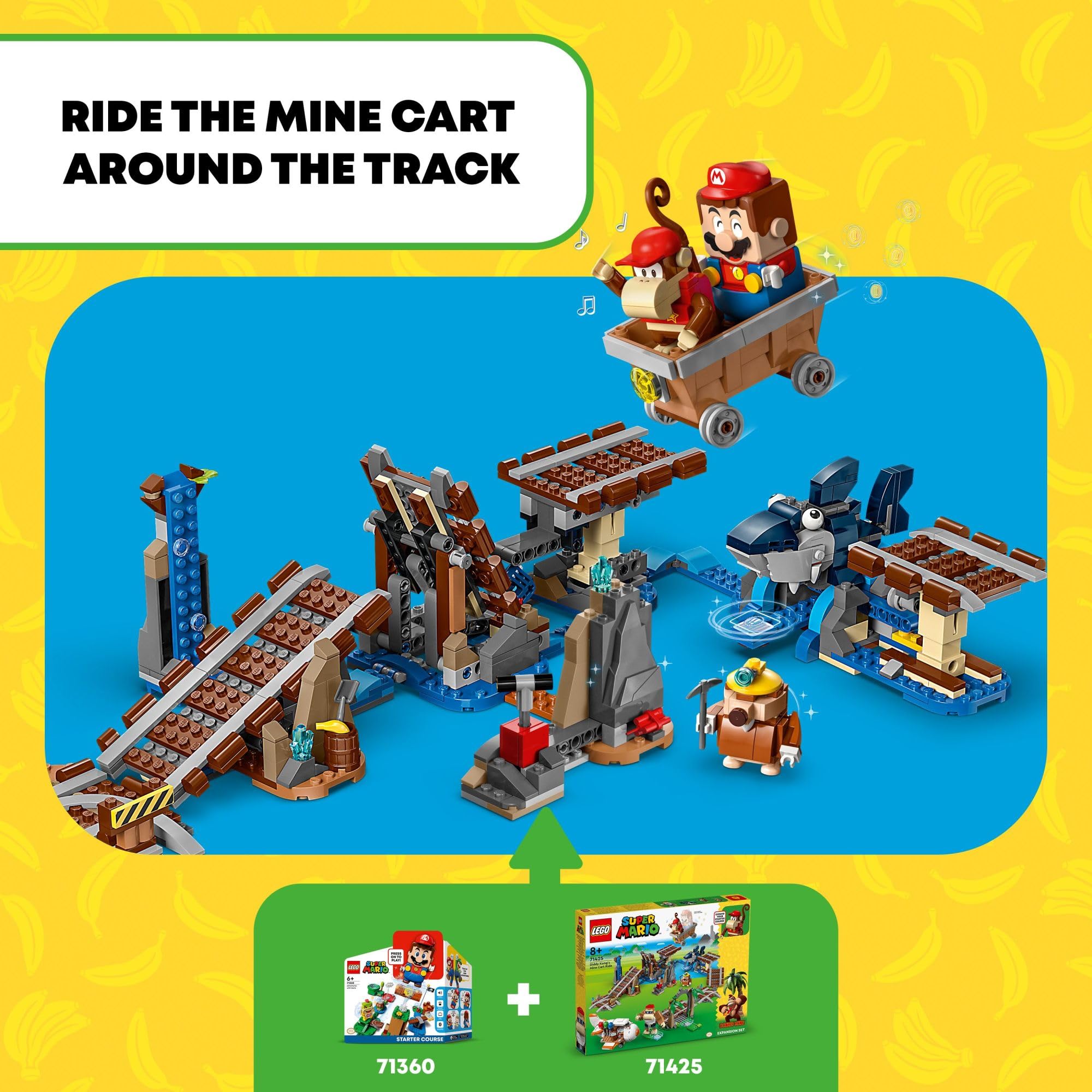 LEGO Super Mario Diddy Kong's Mine Cart Ride Expansion Set 71425 - Collectible Building Toy with Funky Kong Figure, Interactive Play for Kids Ages 8-10 | Combine with Starter Course for Endless Adventures | Perfect Gift for Mario Fans & Creative Playtime