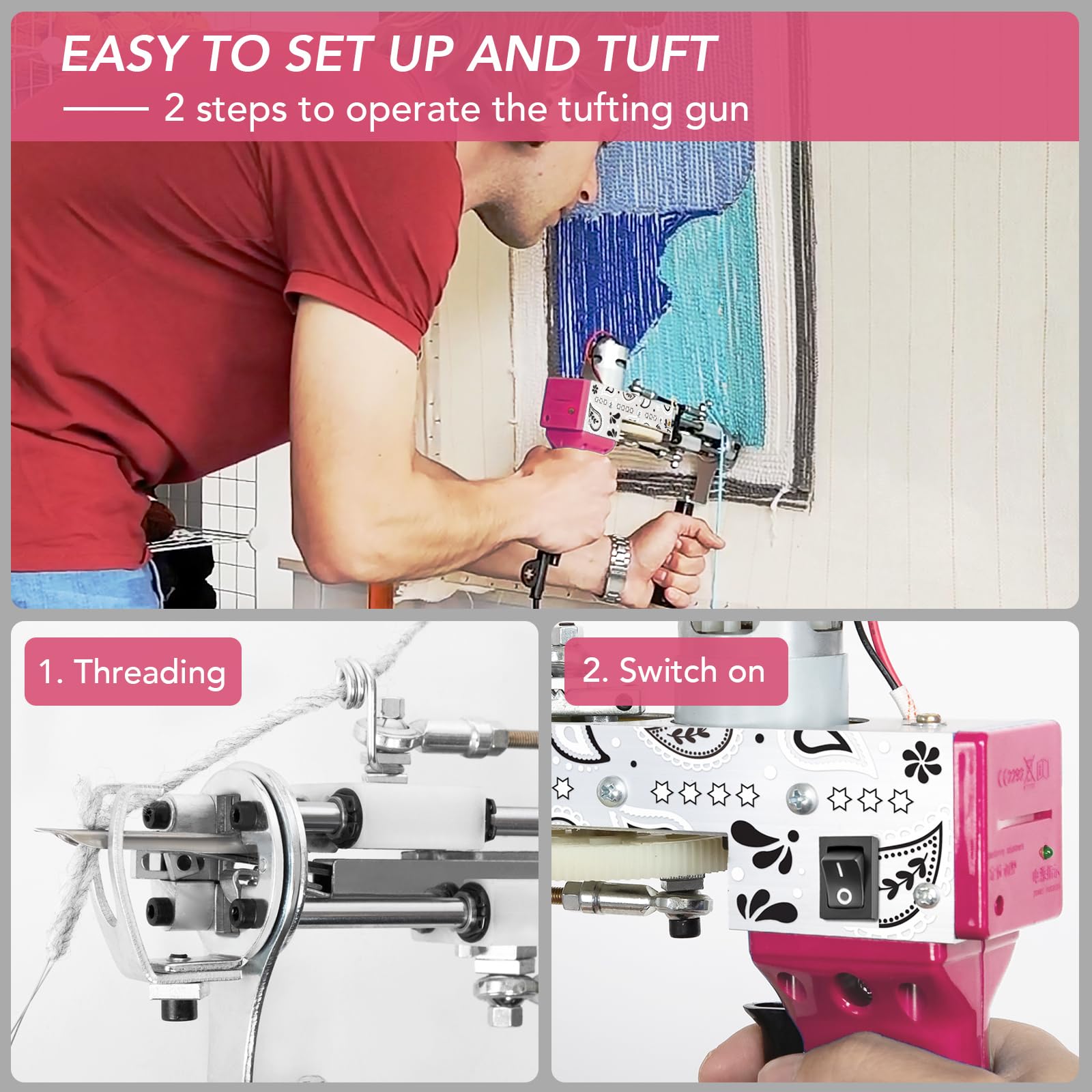 Premium Rug Tufting Gun & Carpet Trimmer Kit - 2-in-1 DIY Carpet Making Machine with Rug Shaver, Punch Needle & Fabric (Pink) - Perfect for Home Decor, Wall Hangings & Handmade Rugs