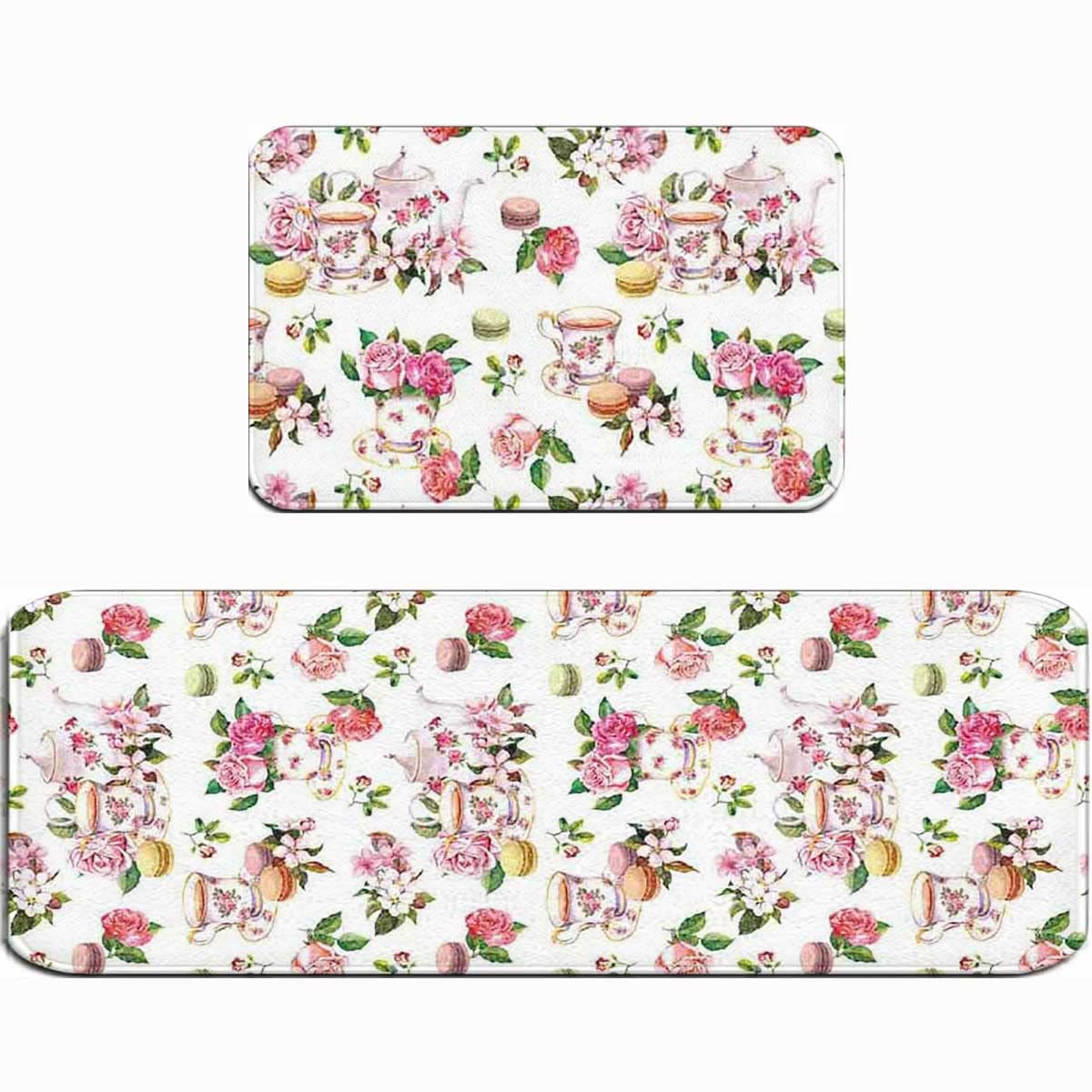 Premium Anti-Fatigue Kitchen Runner Rugs Set of 2 - Non-Slip Comfort Mats for Kitchen, Bathroom & Laundry - Vintage Teapot Design (17