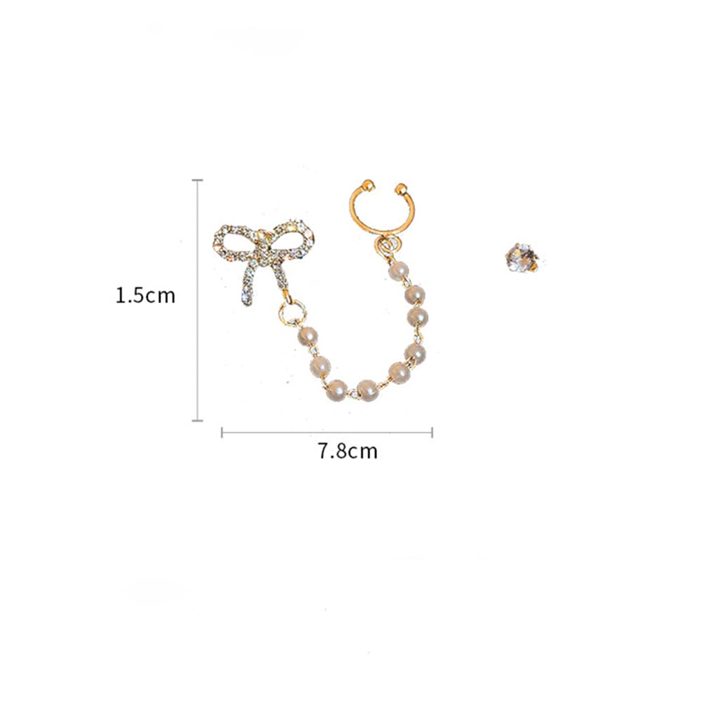 JWICOS Gold Rhinestone Bowknot Stud Asymmetric Earrings for Women - Delicate Cuff Chain Wrap Tassel Pearl Earrings | Perfect for Parties, Weddings & Date Nights