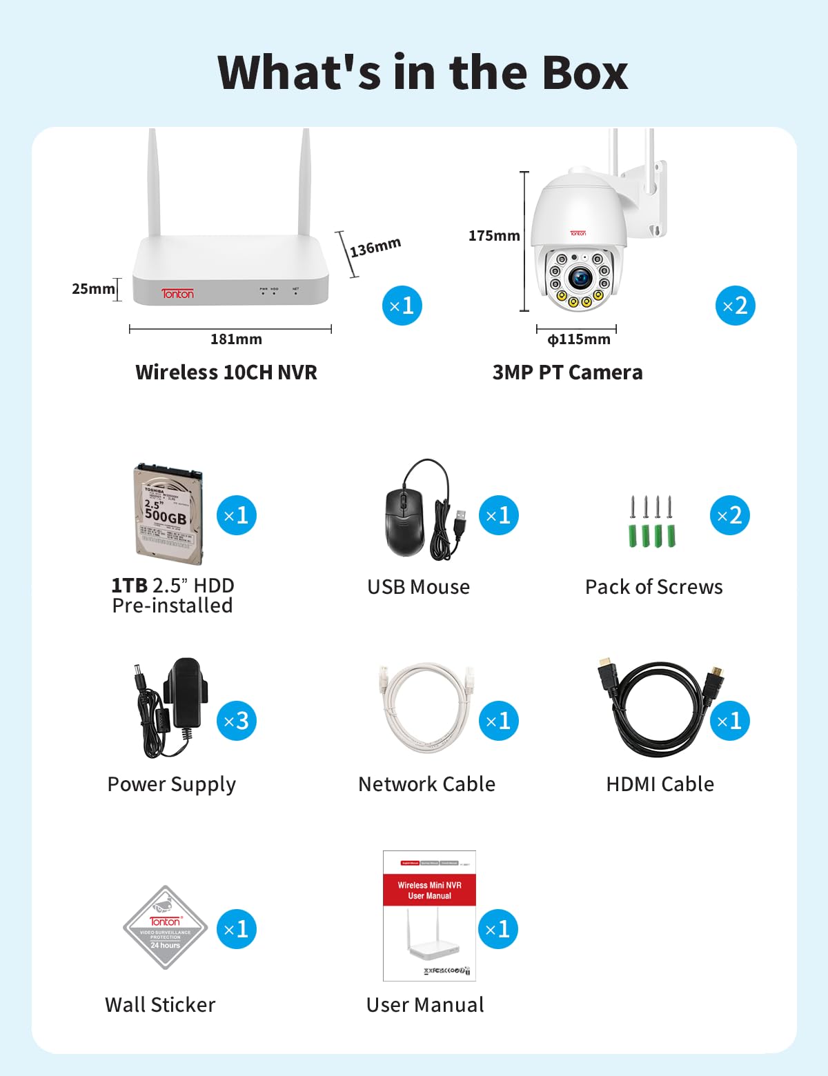 Tonton 3MP Wireless Outdoor Security Camera System with 10CH Dual WiFi NVR - 360° Auto Tracking, IP66 Waterproof, Motion Detection Alerts, 2-Way Audio, Night Vision & 1TB HDD (4 Pan-Tilt Cameras) - Ideal for Home, Business & Property Surveillance