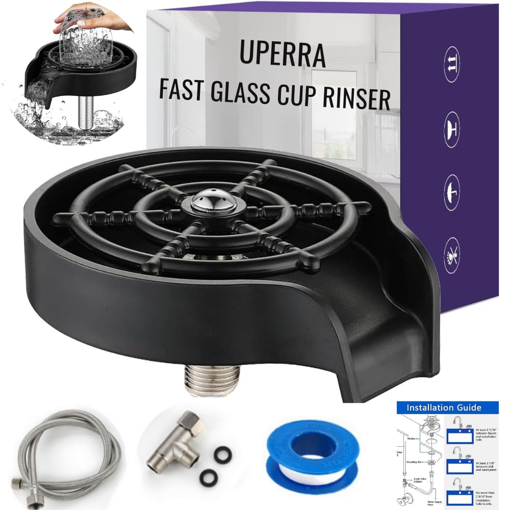Premium Glass Rinser for Kitchen Sink - Fast Faucet Cup Washer with Complete Installation Kit | Perfect for Cleaning Cups, Baby Bottles, Kitchenware & Bar Glassware (Black, ABS) | Ideal for Home Bars, Restaurants & Daily Dishwashing