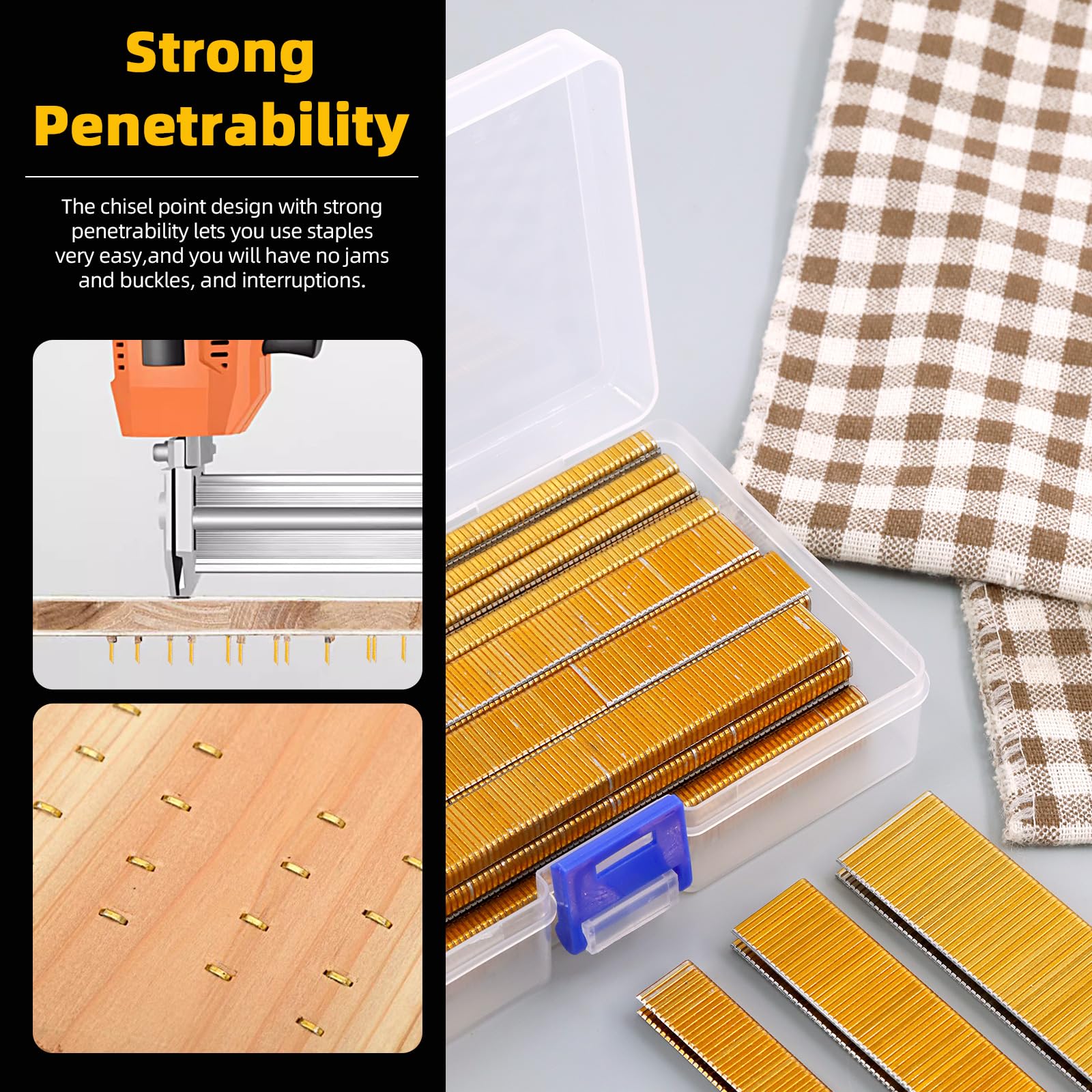Hilitchi 2000Pcs 1 Inch 18 Gauge Narrow Crown Staples - Gold Brad Nails for Upholstery, Woodworking & DIY Projects - 18 Gauge Galvanized Finish Staples with Storage Case - Perfect for Furniture Repair, Cabinetry & Crafting