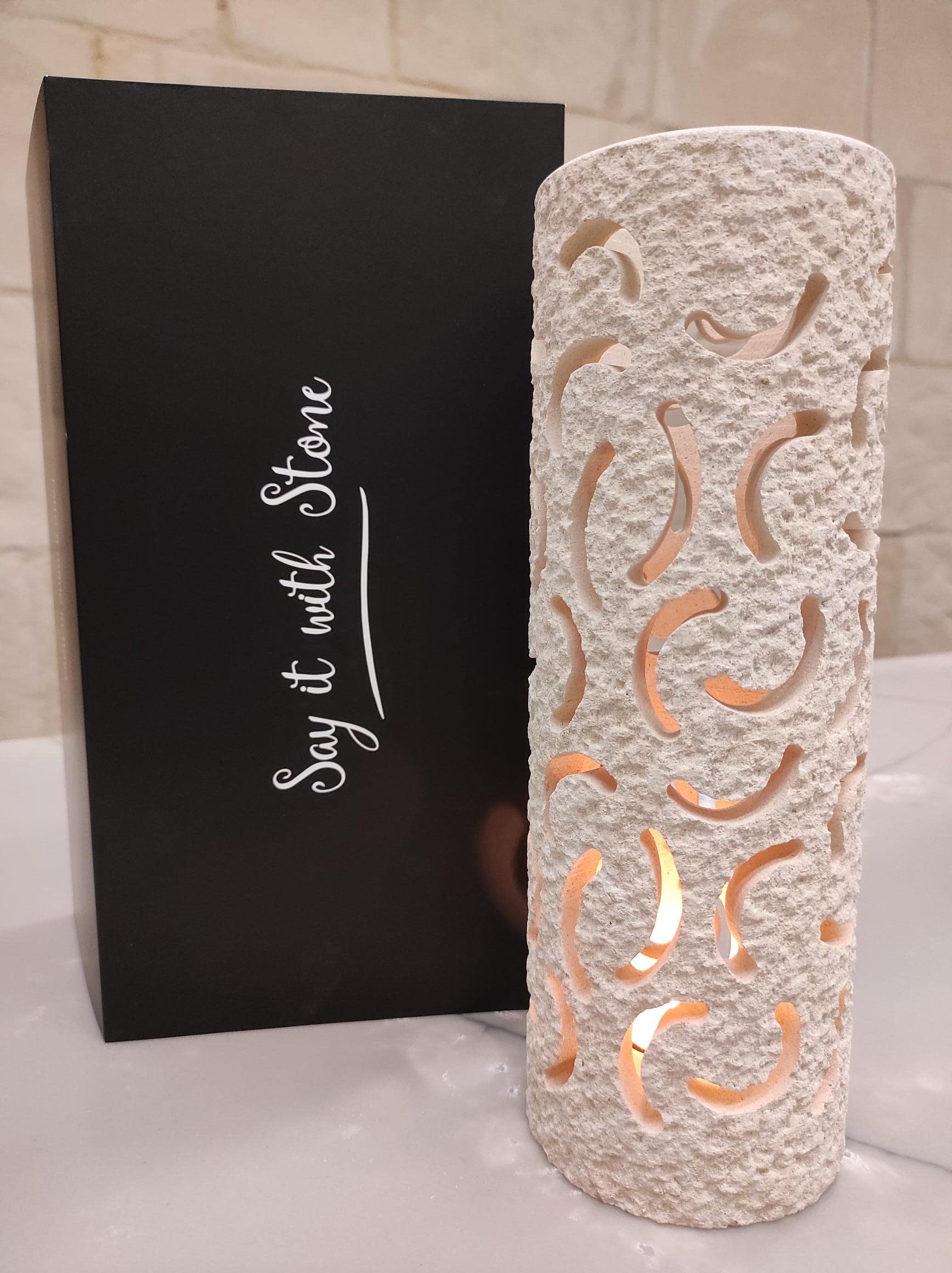Handmade Italian Large Stone Candle Holder & LED Lantern 2-in-1 Set with Gift Box, Candle, Batteries & Message Card - Rustic Home Decor for Mantel, Porch, Wedding, Anniversary Gifts for Her & Him