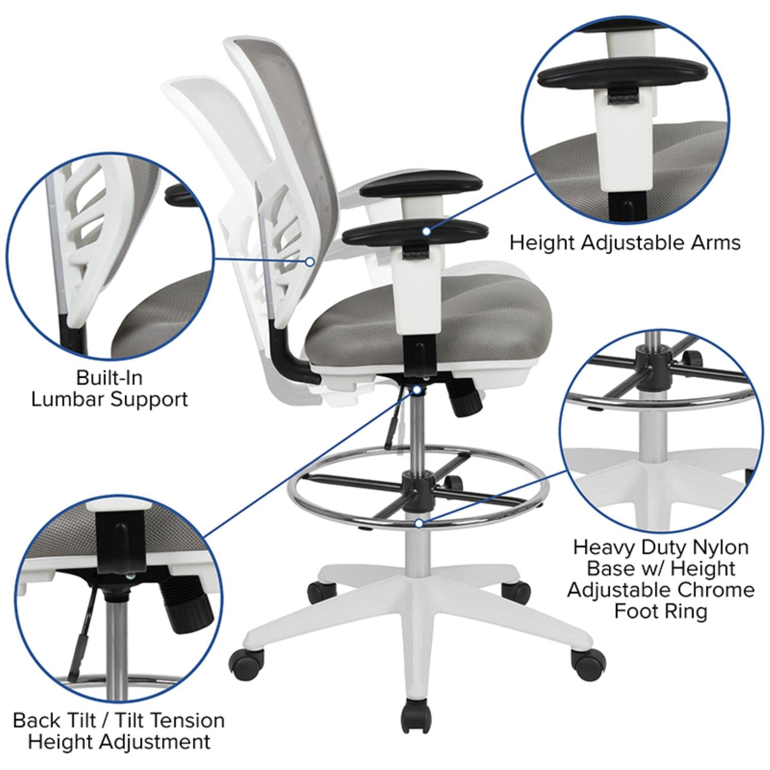 Flash Furniture Tyler Mid-Back Ergonomic Mesh Drafting Chair - Light Gray with Adjustable Arms, Chrome Foot Ring & White Frame - Perfect for Office, Home Studio & Architectural Workstations
