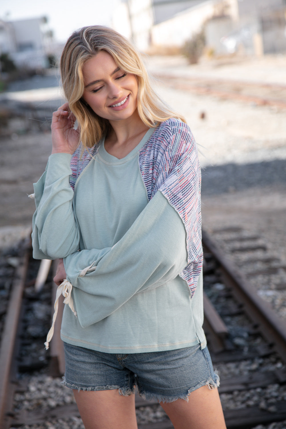 Stylish Mint Lace-Up Long Sleeve French Terry Oversized Pullover Sweatshirt | Women's Casual Loungewear for Fall & Winter | Perfect for Coffee Dates, Weekend Errands and Cozy Nights