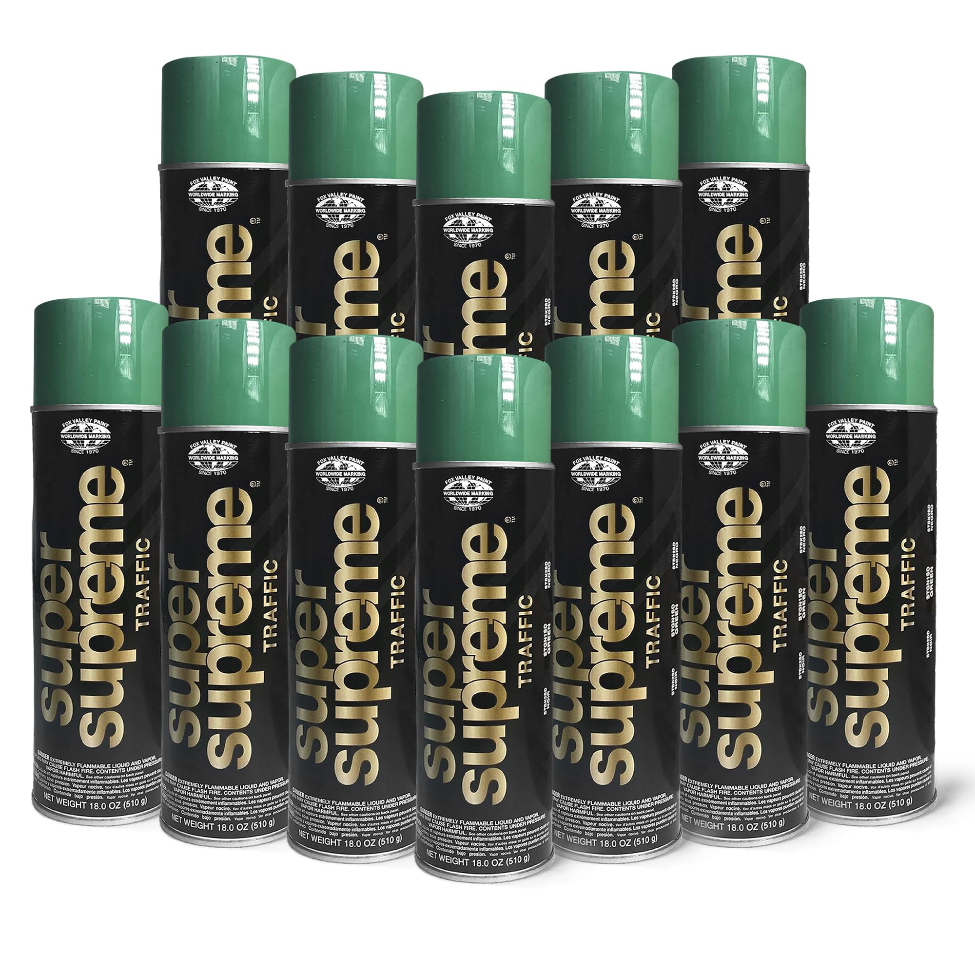 Fox Valley Super Supreme Traffic Spray Paint - 18 oz (Pack of 12), Green - High-Performance Road Marking Paint for Parking Lots, Sidewalks, Warehouses & Factory Floors - Easy to Use, Durable & Weather-Resistant - Perfect for DIY Projects, Construction Sites & Industrial Applications