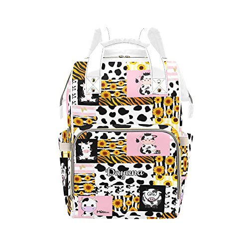 Waterproof Cute Cow Sunflower Patchwork Diaper Backpack - Personalized Name Nursing Tote Bag for Moms, Baby Essentials Organizer | Perfect for Travel, Shopping & Daily Use