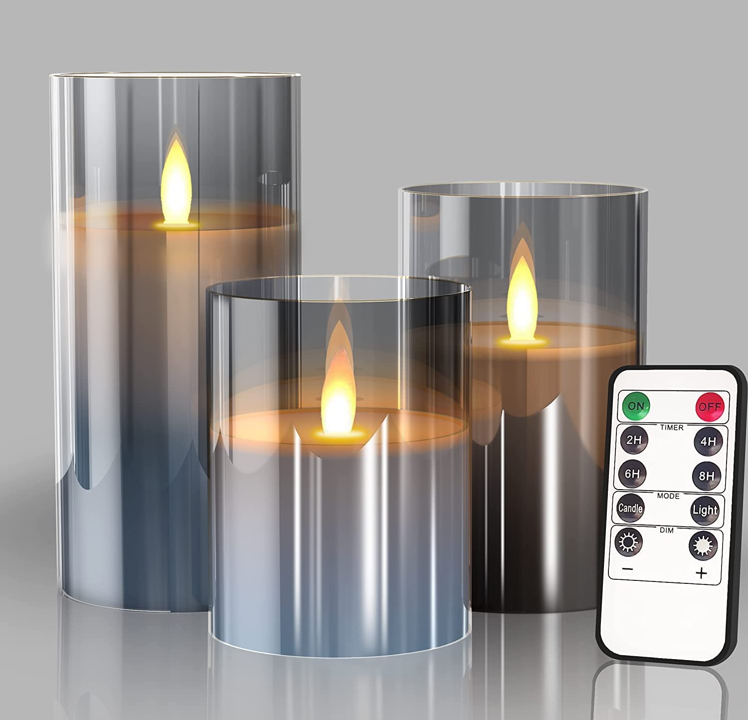 Flameless LED Candles with Remote Control - 3 Pack Realistic Flickering Battery Operated Fake Candles with AA Batteries Included - Perfect for Home Decor, Wedding Centerpieces & Romantic Ambiance (Gray)