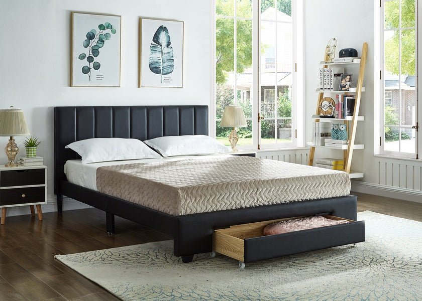 Black Faux Leather Upholstered Bed Frame with Padded Headboard and Underbed Storage Drawers - Perfect for Modern Bedrooms, Guest Rooms & Small Space Living