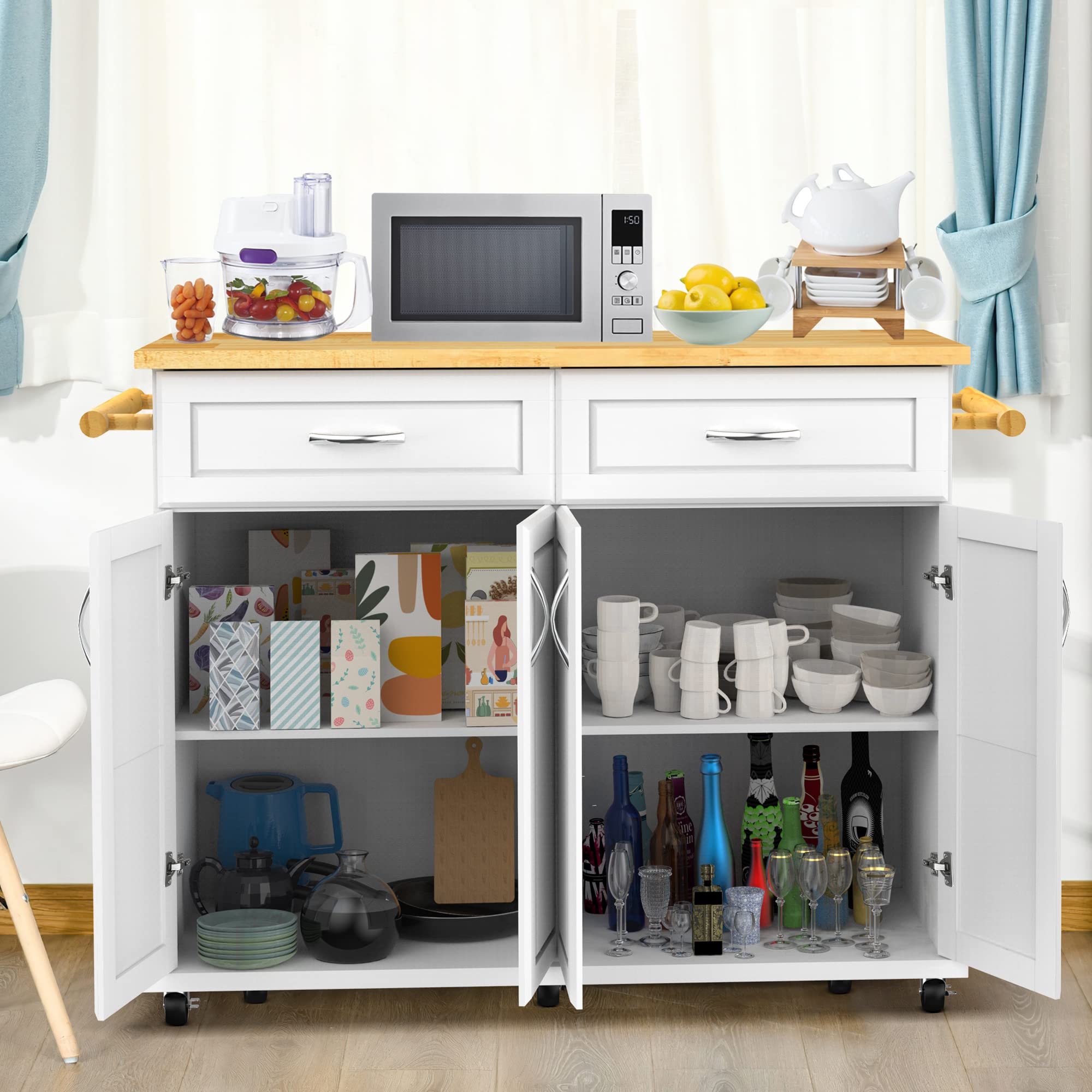 White Kitchen Island Cart with Storage Cabinet & Drawer - 48
