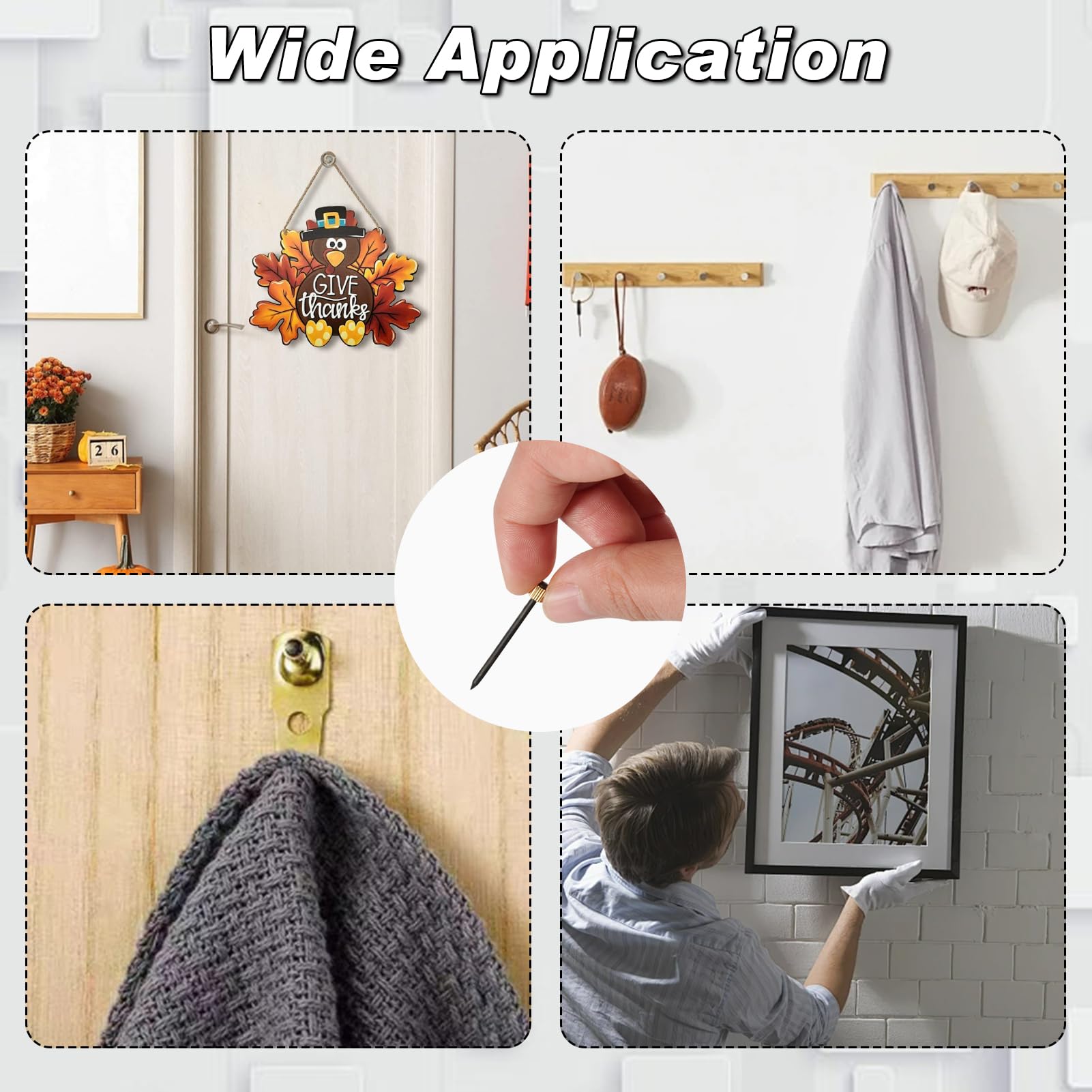 SPEEDWOX 60 Pcs Heavy Duty Picture Hanging Kit - Black Steel Nails with Brass Head Frame Hooks for Wall Art, Paintings & Photo Frames (5-30 lbs Capacity) - Includes Plastic Storage Box for Home & Office Decor Organization