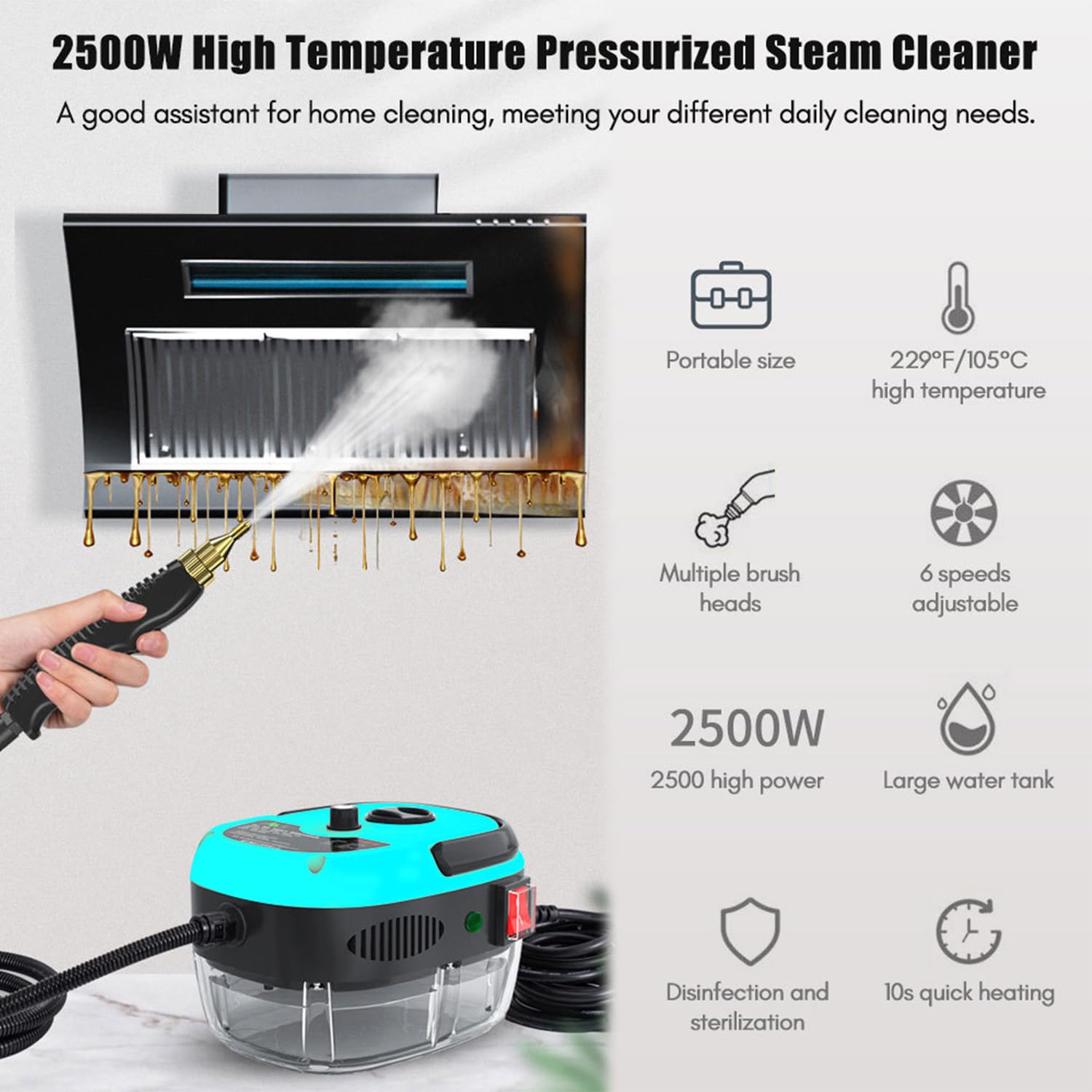 2500W Handheld Steam Cleaner for Home - Fast Heating & 3 Brushes | Deep Cleaning Floors & Upholstery