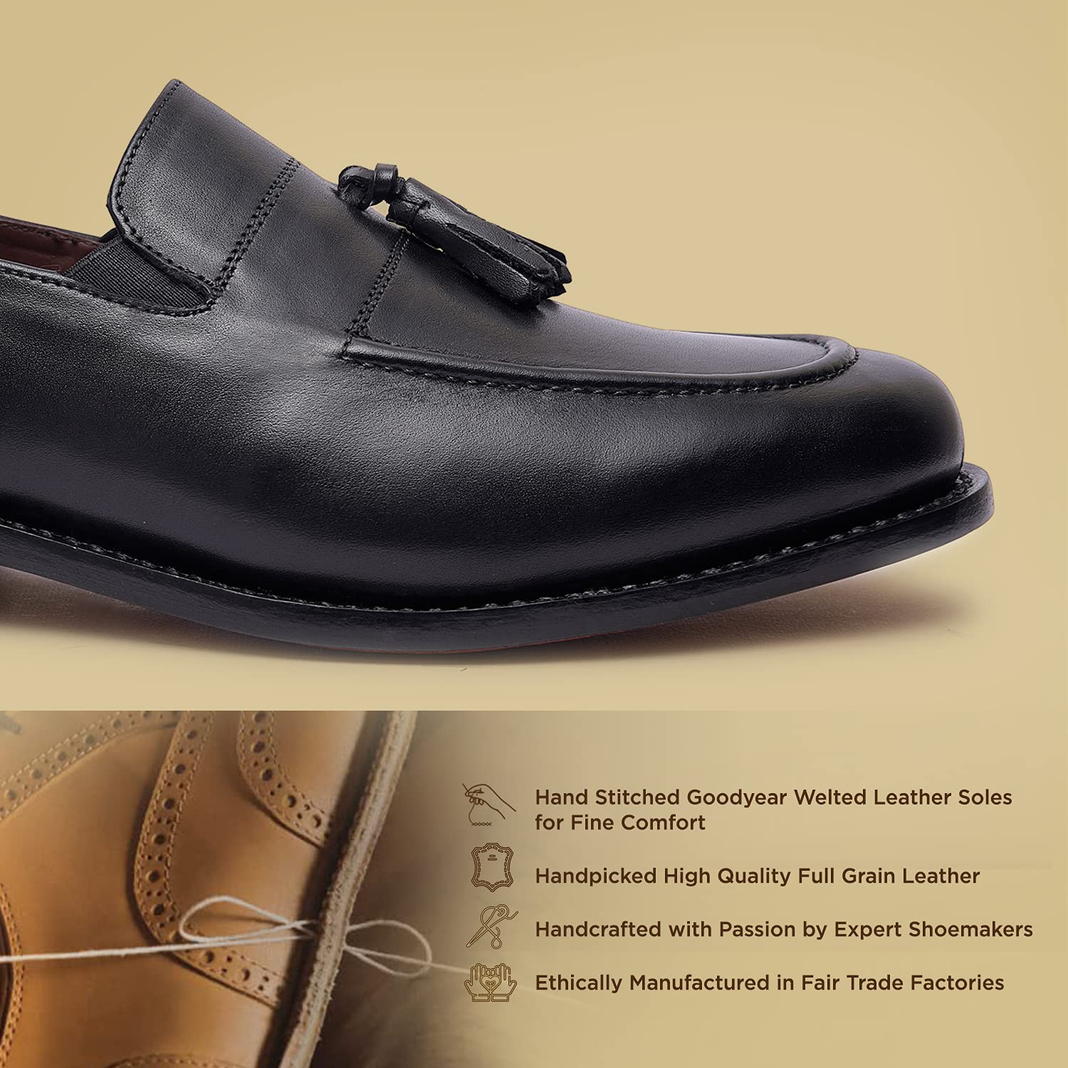Genuine Leather Tassel Loafers for Men - Handcrafted Goodyear Welted Dress Shoes with Leather Sole | Comfortable Slip-On Luxury Loafers | Perfect for Business, Office & Formal Occasions