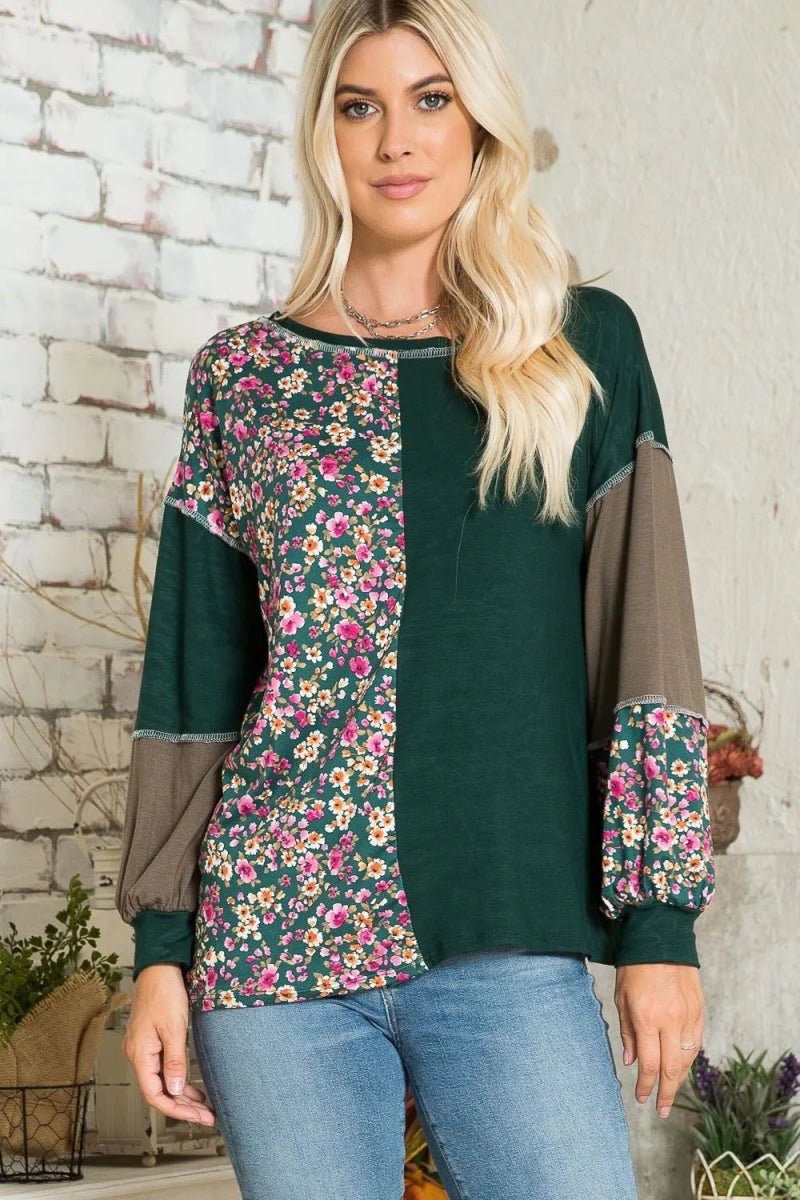 Celeste Full Size Floral Color Block Exposed Seam T-Shirt for Women | Trendy Casual Tee for Summer Outfits & Streetwear Fashion