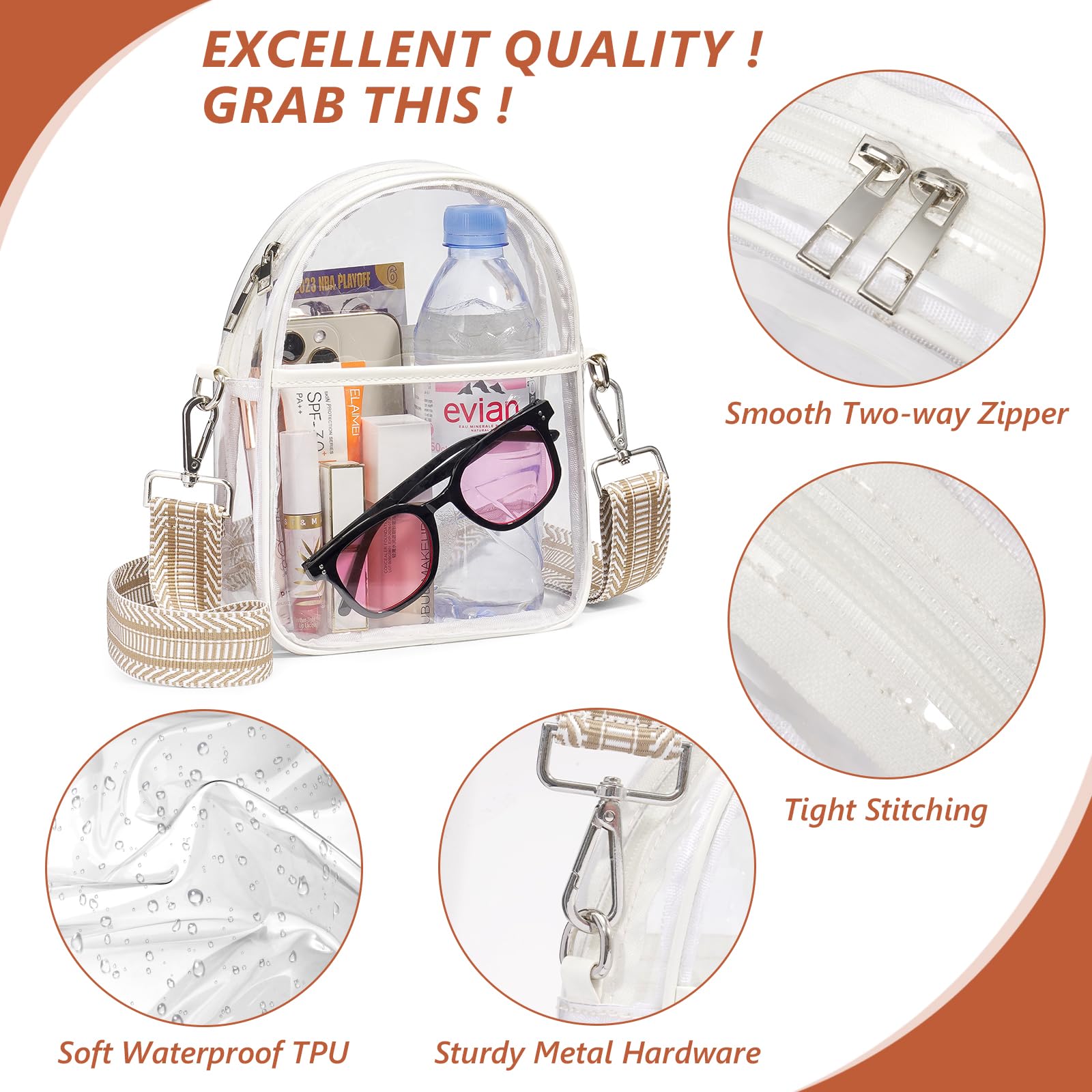 QOECI Clear Crossbody Bag for Women - TPU Stadium Approved Purse with 2 Extra-Long Straps | Perfect for Concerts, Festivals, Sporting Events & Travel Security Checks