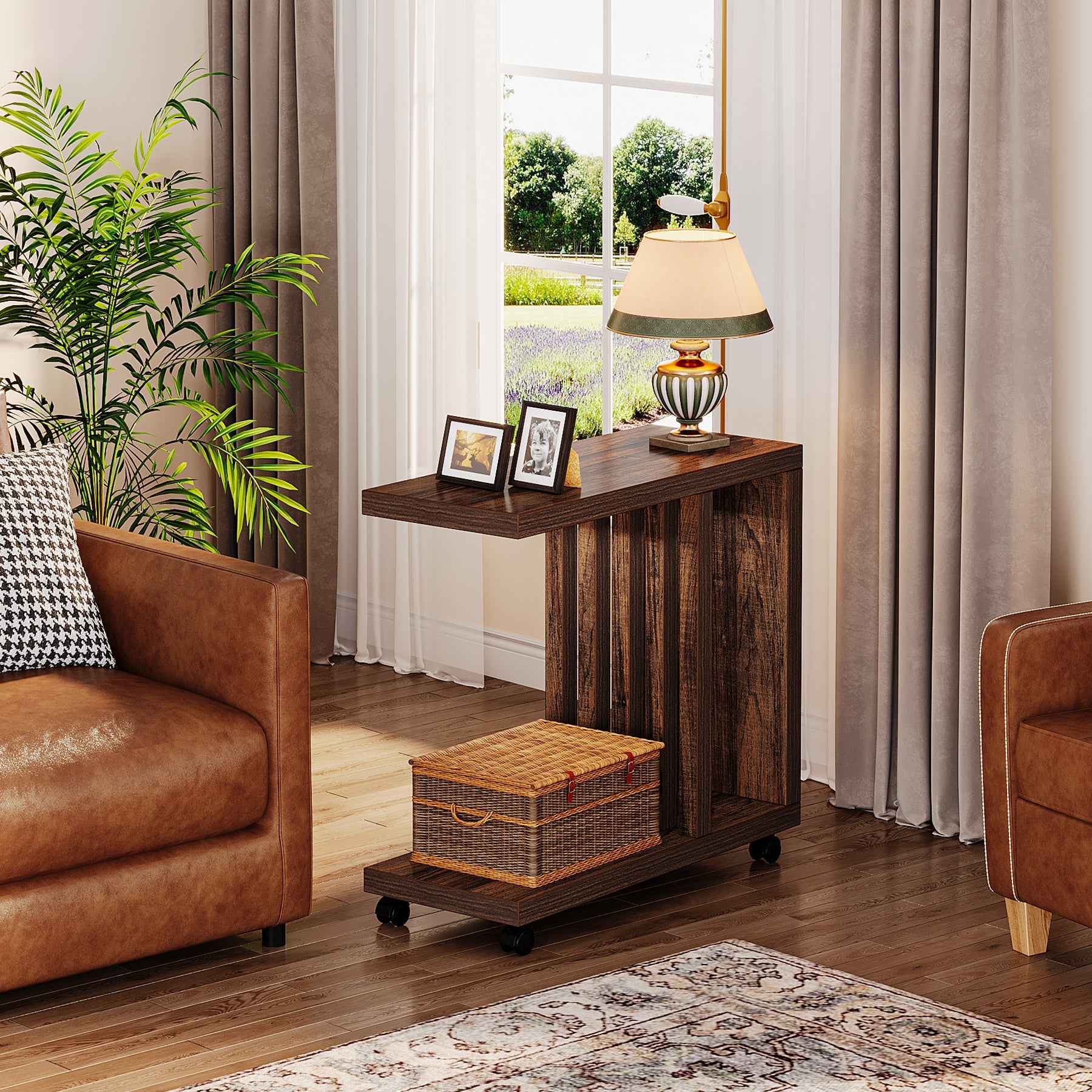 2 Tier C-Shaped End Table with Lockable Wheels - Modern Wood Side Table for Living Room, Bedroom & Office - Perfect for Small Spaces, Nightstand, or Extra Storage