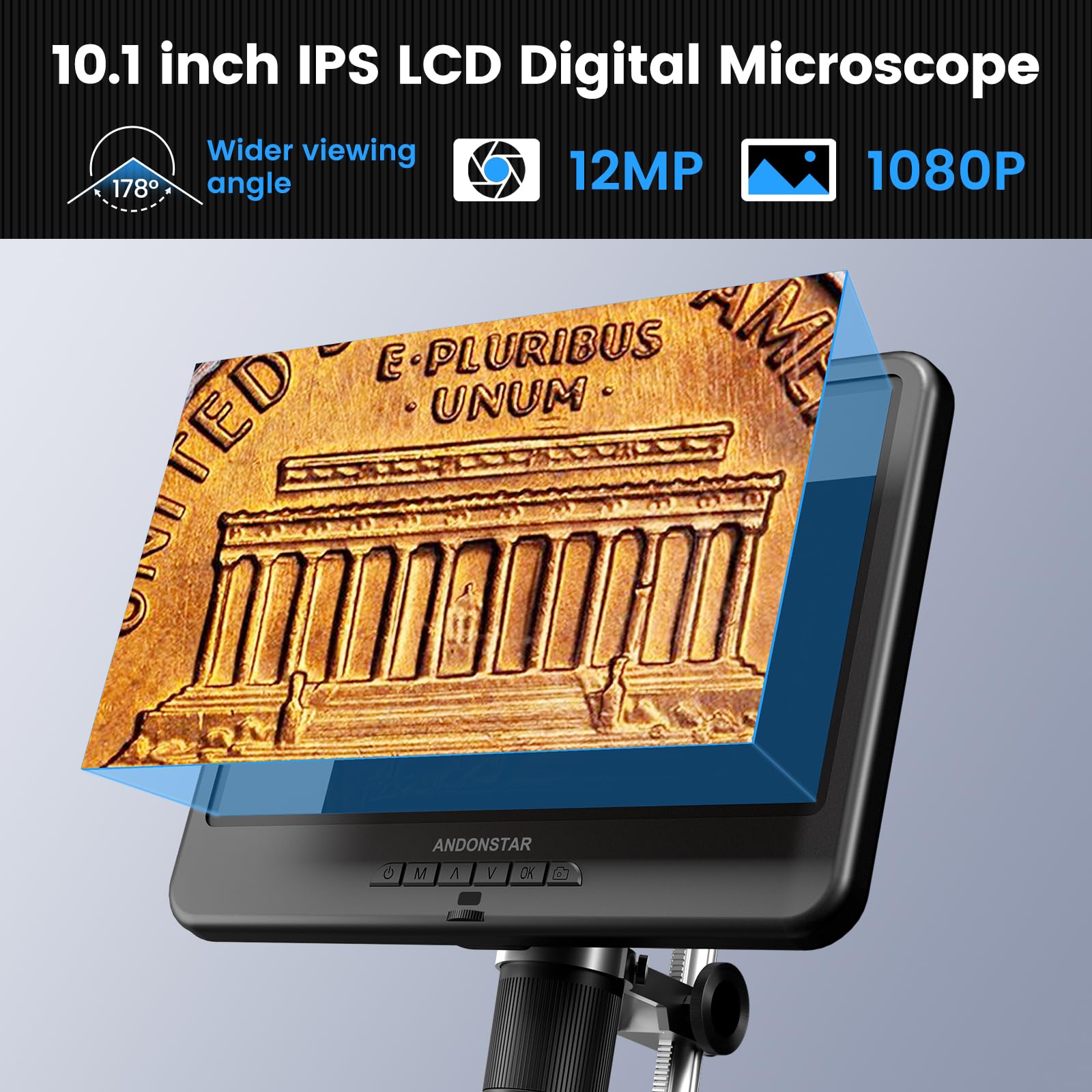 Andonstar AD210 10.1 Inch LCD Digital Microscope for Adults - High Magnification Soldering Microscope for Electronics Repair, Coin Collecting & Error Coin Inspection with LED Light - Includes Biological Slides Kit & 32GB SD Card - Perfect for Hobbyists, Jewelers & STEM Education