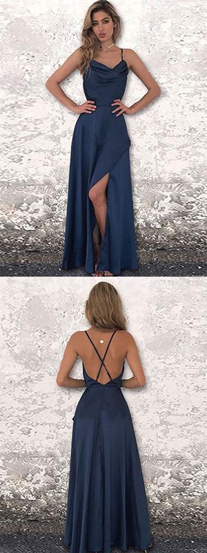 Elegant Navy Blue A-Line Spaghetti Strap High Slit Long Prom Dress - Formal Evening Gown for Homecoming, Ball & Special Occasions