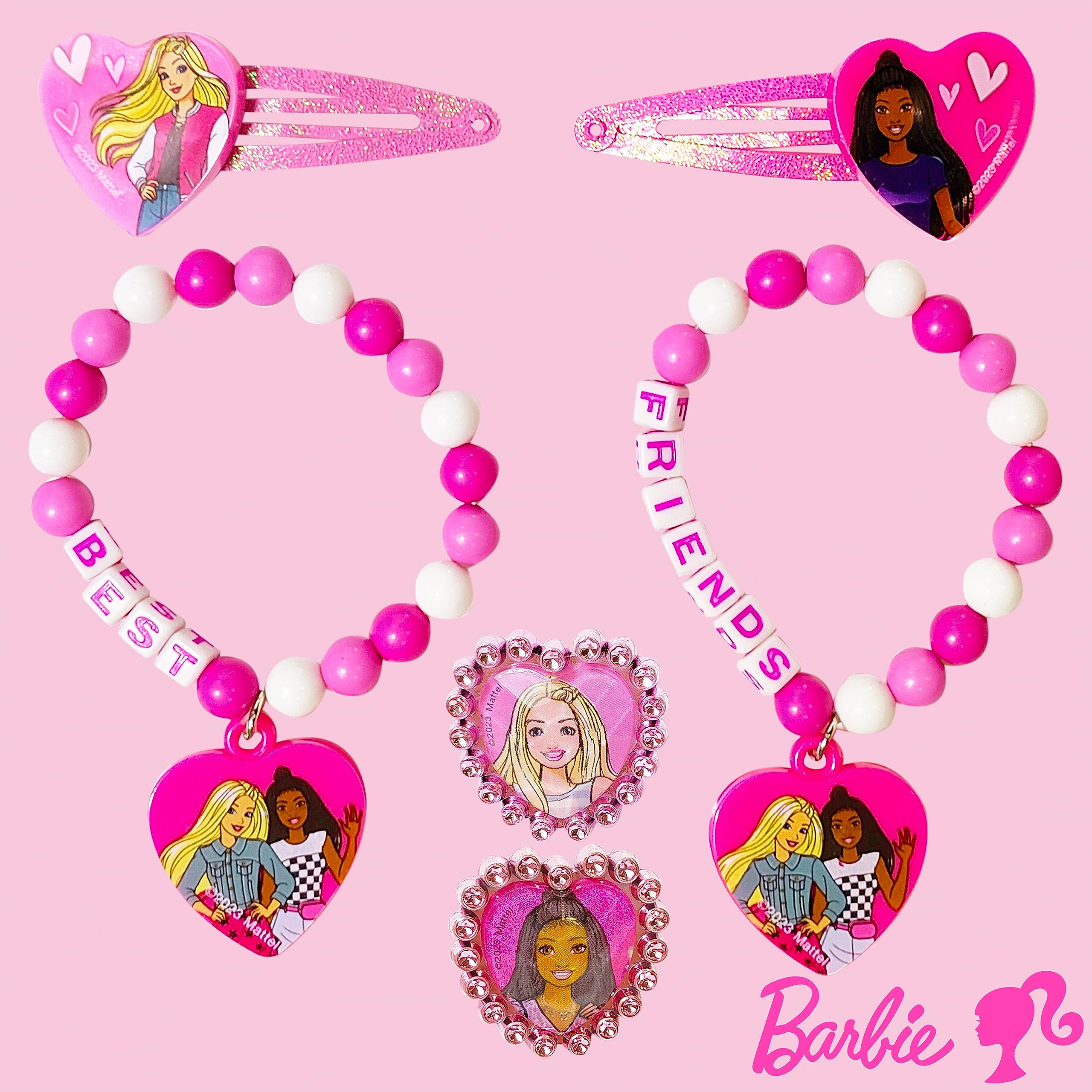 LUV HER Barbie Toy Jewelry Set for Girls - 6 Piece Accessory Box with 2 Rings, 2 Beaded Bracelets & Snap Hair Clips - Perfect Gift for 3+ Year Old Kids - Birthday Party, Dress Up Play & Pretend Play Accessories