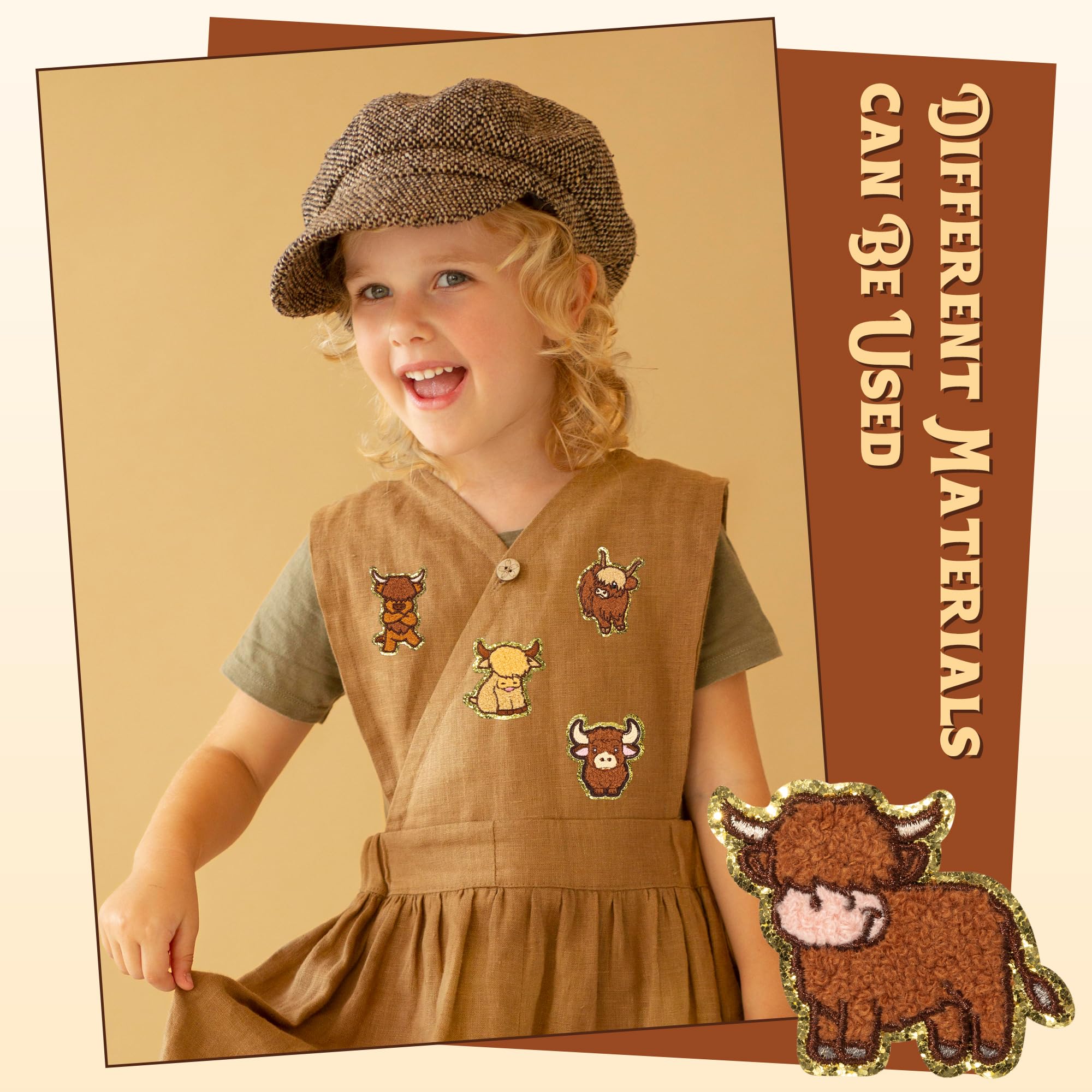 10Pcs Highland Cow Chenille Iron-On Patches for Kids - Cartoon Animal Knee Repair Patches, DIY Embroidered Applique for Backpack, Clothes, Dress, Pants & Hats - Fun & Durable Fabric Accessories for School, Play & Outdoor Activities