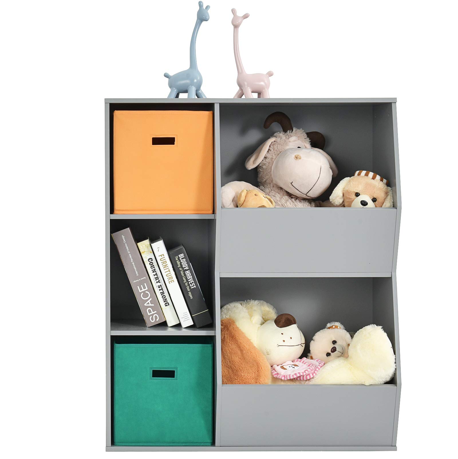 Costzon 5-Cubby Wooden Toy Storage Organizer with Bookcase & Bins - Kids Bookshelf & Toy Storage Cabinet for Toddlers - Playroom, Nursery, Daycare & Living Room Organization (Gray)