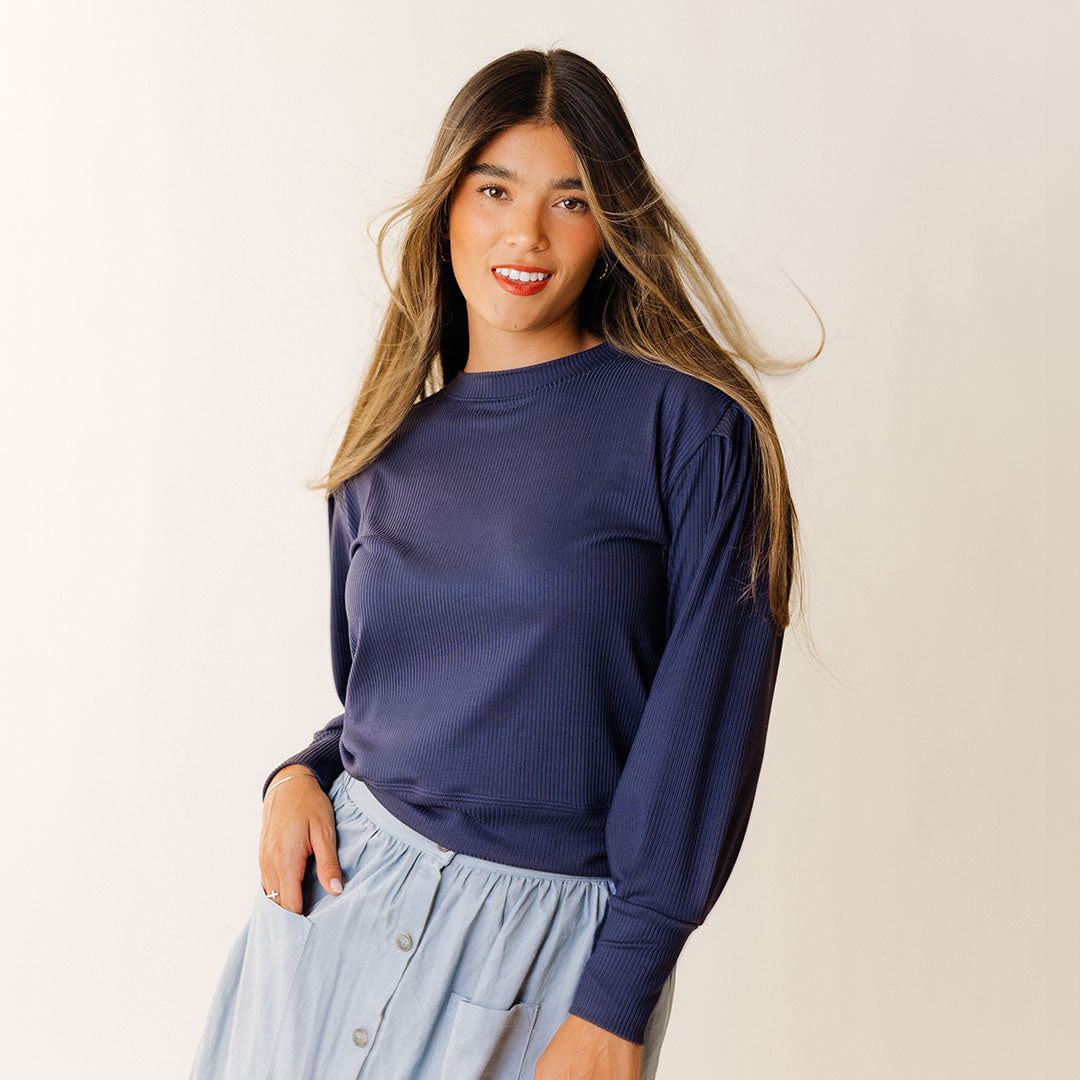 Serena Women's Navy Ribbed Knit Top - Casual Short Sleeve Shirt for Everyday Wear, Work & Weekend Outings