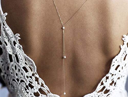 Elegant Pearl Back Chain Necklace for Women - Silver Bridal Wedding Jewelry, Perfect for Brides, Prom, and Special Occasions