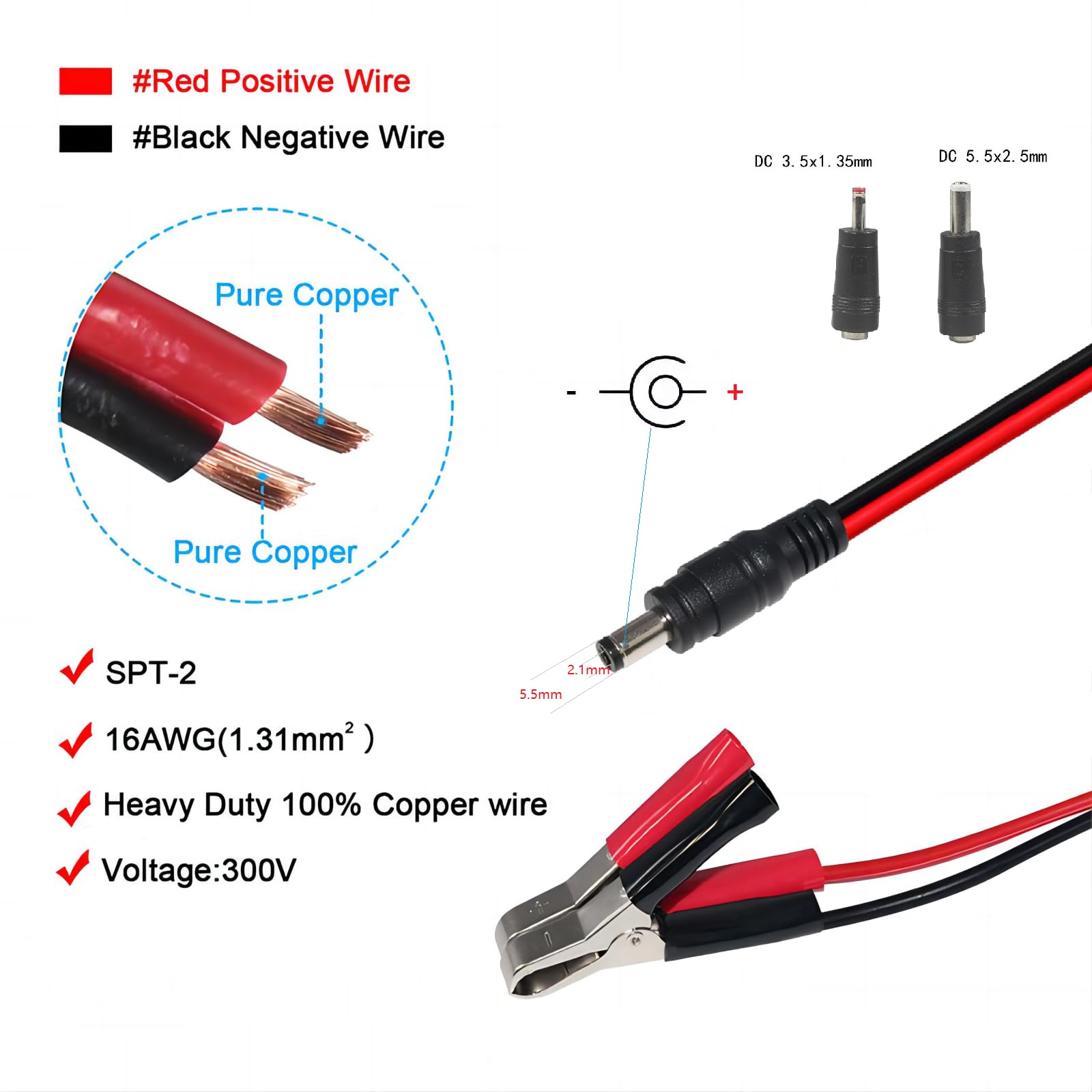 KUNCAN DC 5.5x2.1mm Male to Alligator Clips 12V Battery Charger Cable - 5FT Heavy Duty Extension Cord for Car Battery Charging, Power Supply, Auto Accessories & DIY Electronics Projects