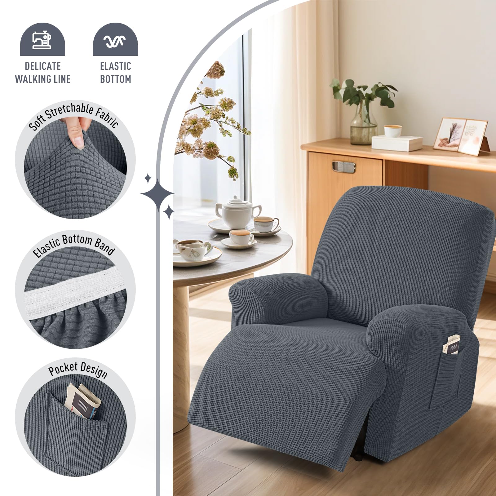 TAOCOCO 4-Piece Stretch Recliner Cover Set - Soft Jacquard Pattern Slipcover for 1-Seater Sofa & Chair Protector (Grey) | Perfect for Living Room Furniture Protection & Home Decor Upgrade