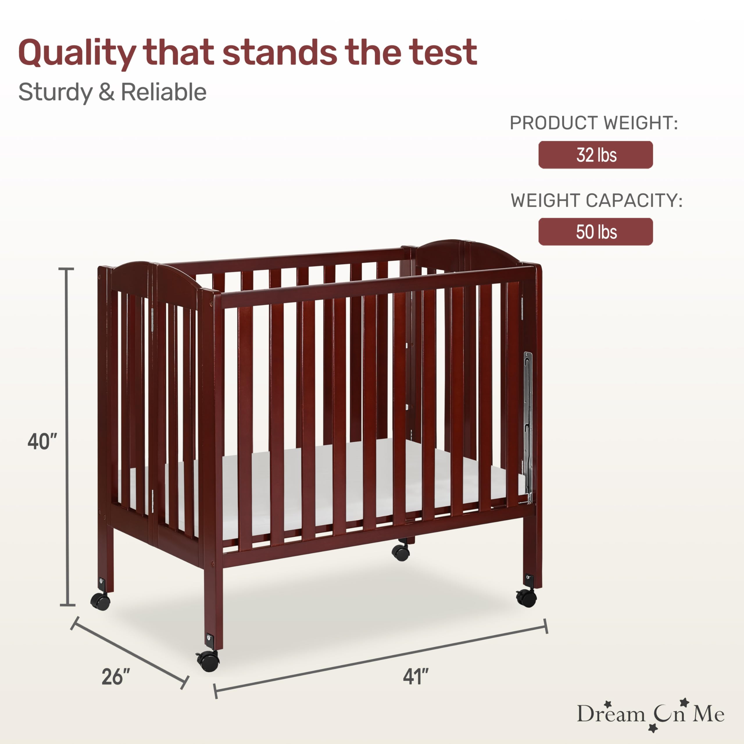Dream On Me 3-in-1 Portable Folding Convertible Baby Crib - Cherry Wood, Greenguard Gold Certified, Adjustable Mattress Heights & Locking Safety Wheels | Nursery, Bedroom & Travel Use
