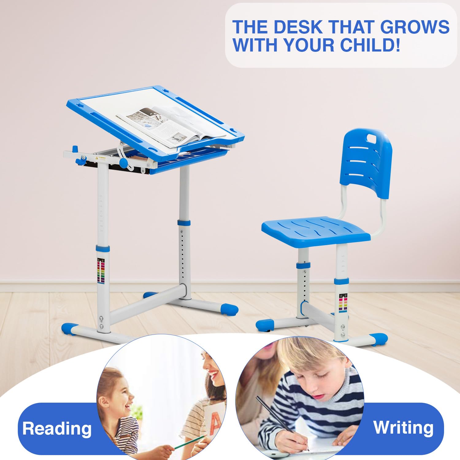 Adjustable Kids Desk and Chair Set - Ergonomic Study Table with Storage Drawer, Tilt Desktop & Metal Hook - Blue Children's Writing Desk for Home Schooling & Online Learning