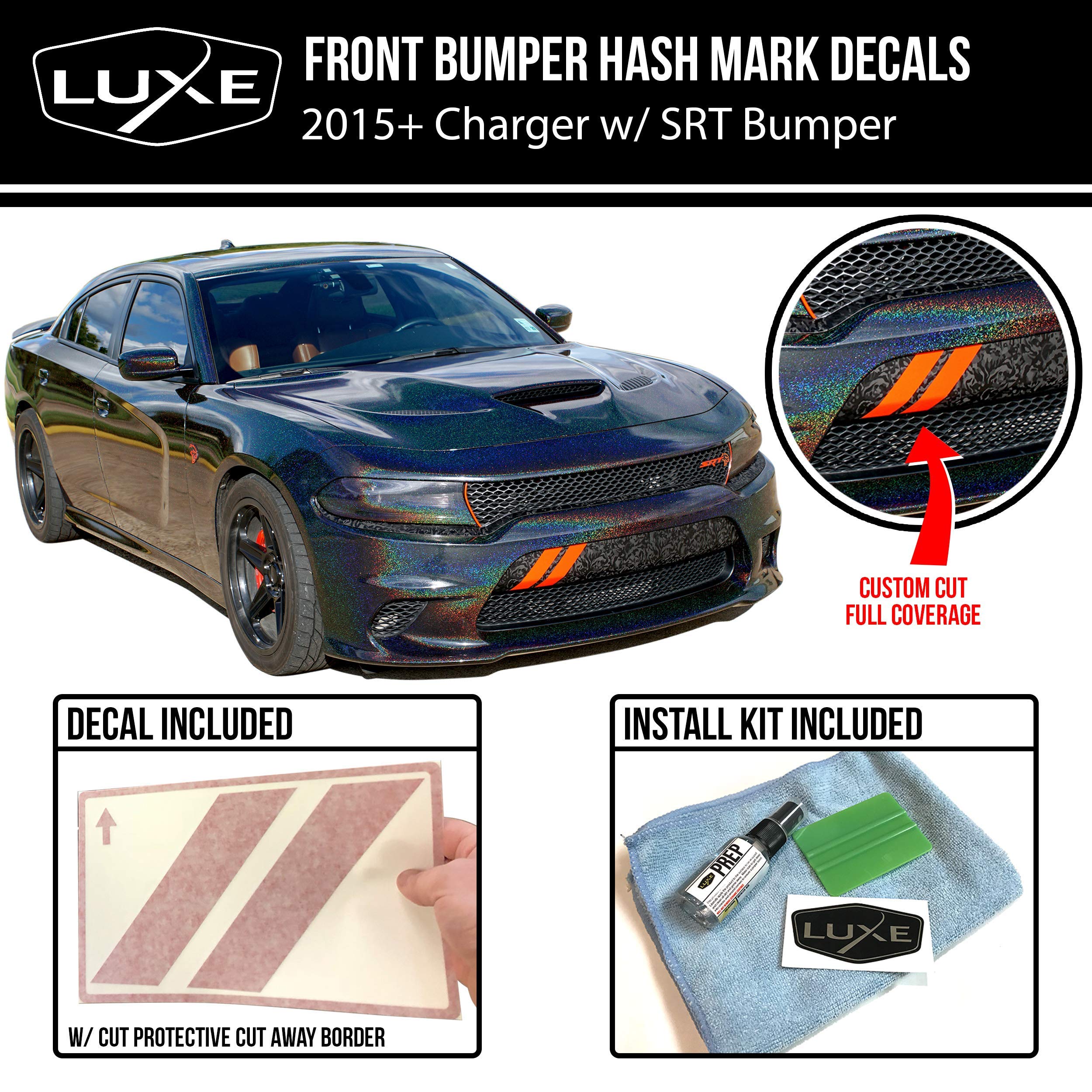 Luxe Auto Concepts Charger Front Bumper Reflective Yellow Hash Stripes - High Visibility Decorative Racing Stripes for Dodge Charger Customization & Car Shows