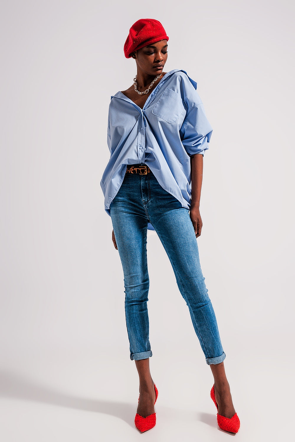 Oversized Relaxed Blue Poplin Shirt for Women - Casual Comfort Wear for Everyday Outings and Weekend Getaways
