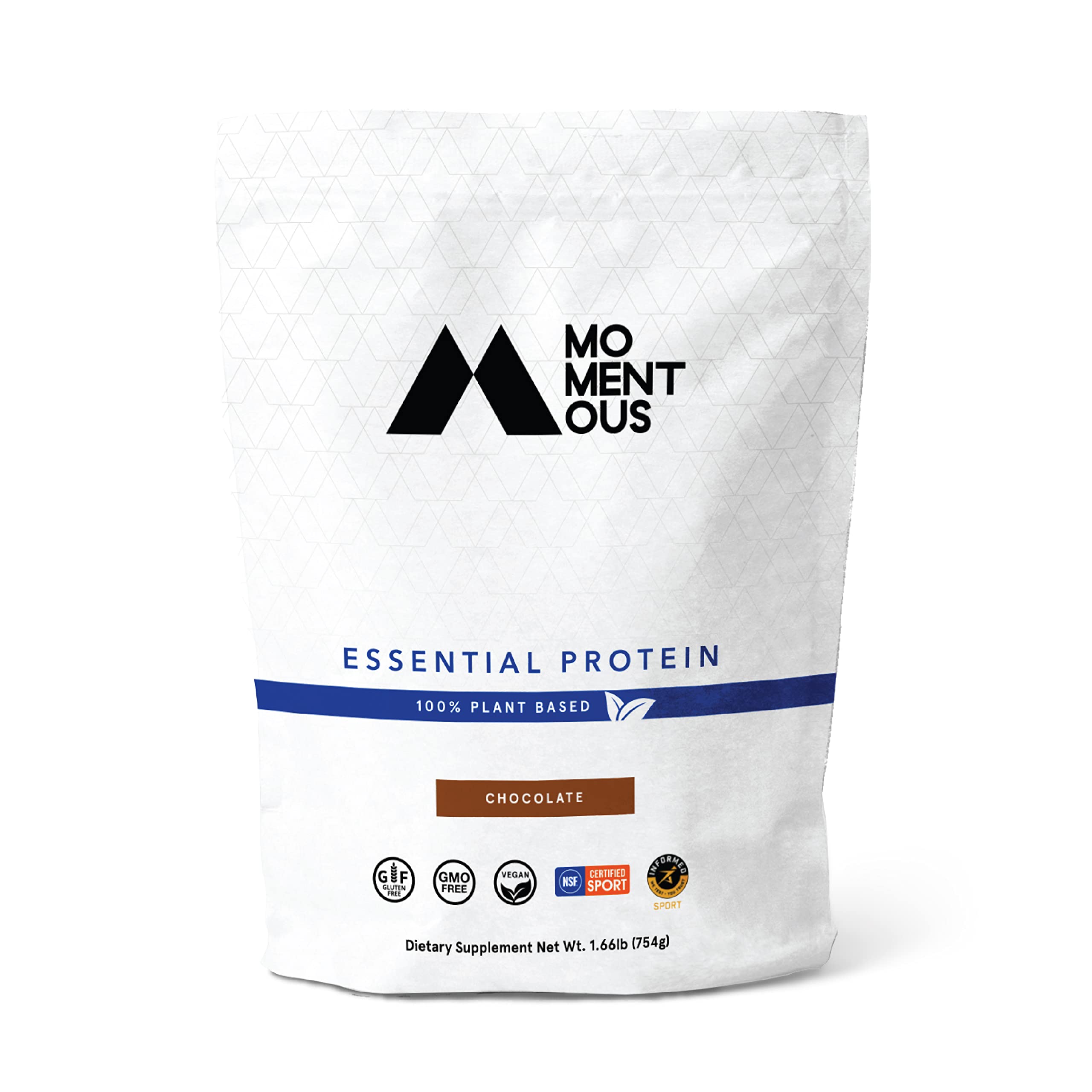 Momentous Essential Plant-Based Pea and Rice Protein Powder - Vegan, Gluten-Free, Non-GMO, NSF Certified for Men & Women | Chocolate Flavor | Perfect for Post-Workout Recovery, Meal Replacement & Daily Nutrition (Bag)