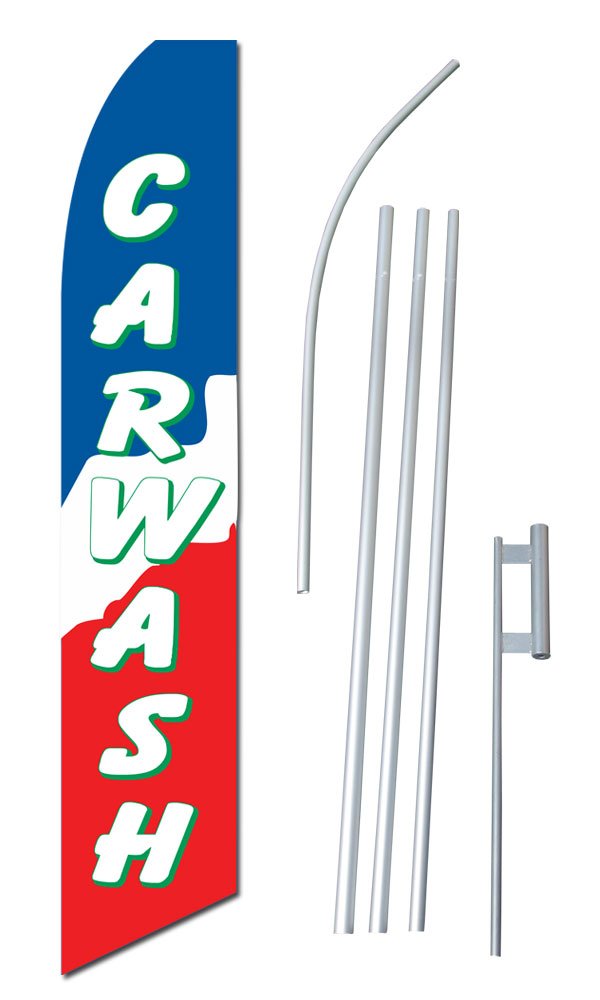 NEOPlex Car Wash Complete Flag Kit - 12' Swooper Feather Business Flag with 15-Foot Anodized Aluminum Flagpole & Ground Spike - Perfect for Car Dealerships, Gas Stations & Auto Detailing Businesses