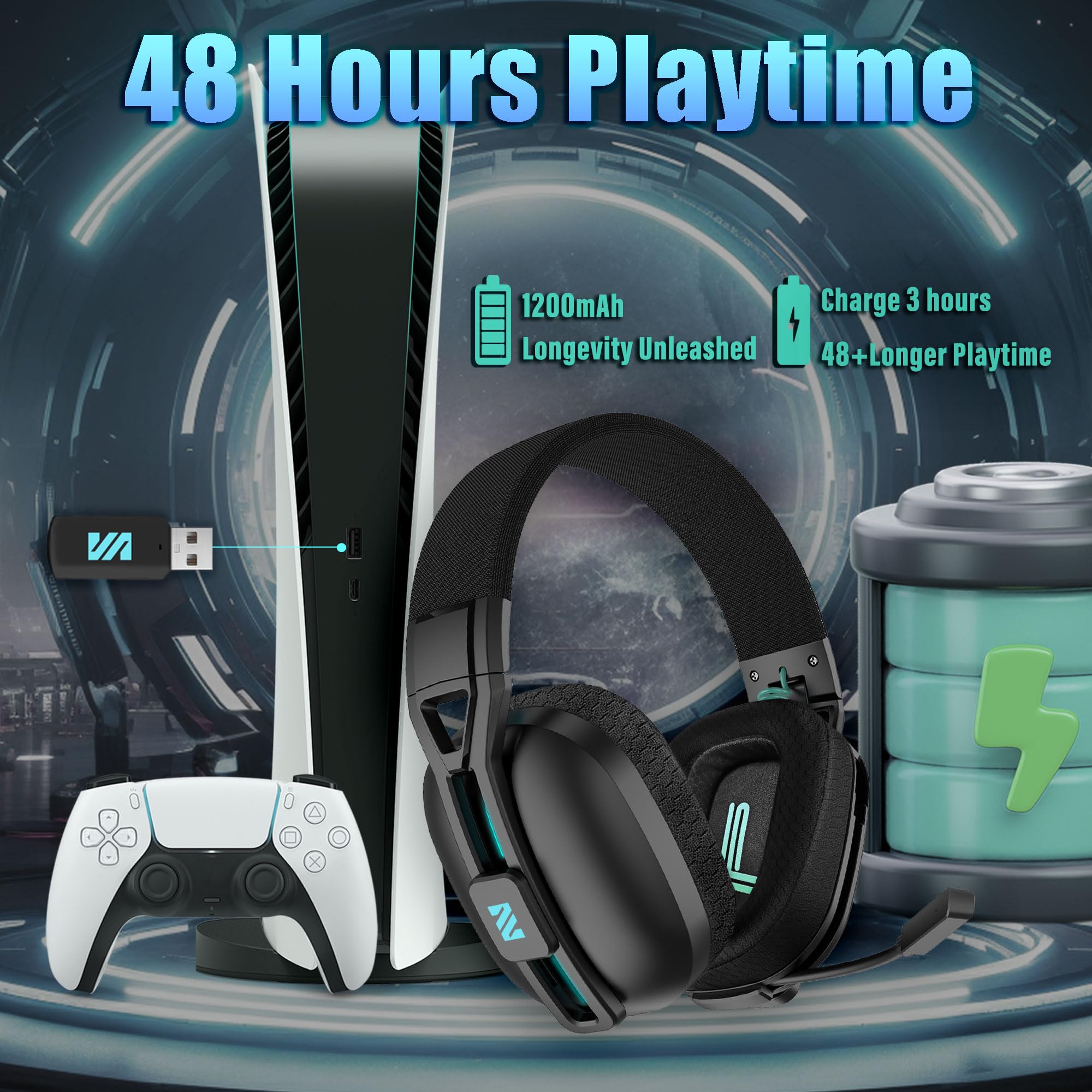 M600 Wireless Gaming Headset for PS5, PC & Laptop - 2.4G+BT 5.3 Dual Mode, 48H Playtime, Foldable Over-Ear Design with Noise-Canceling Mic - Perfect for Gaming, Streaming & Online Meetings