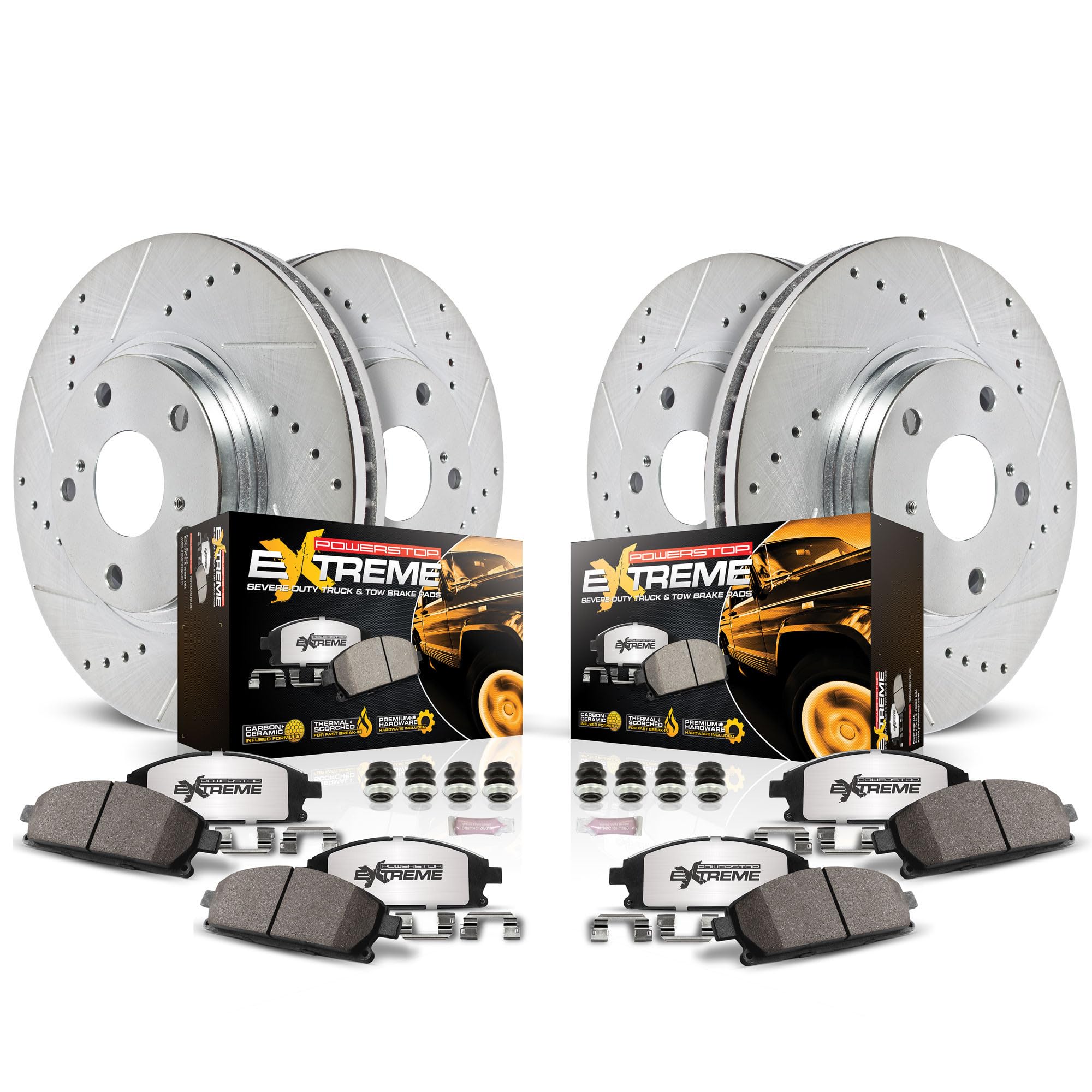 Power Stop K2804-36 Z36 Truck & Tow Brake Kit - Carbon Fiber Ceramic Brake Pads with Drilled & Slotted Rotors for Improved Stopping Power | Front & Rear Brake Upgrade for Heavy-Duty Trucks, Towing & Off-Road Use