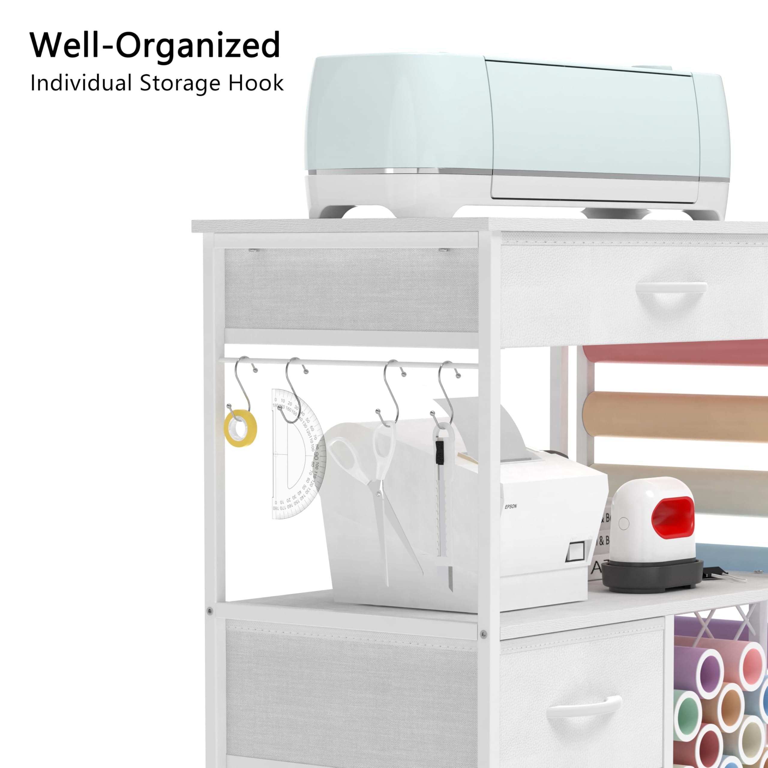 White Rolling Craft Storage Cart with Drawers & Vinyl Roll Holder - Compatible with Cricut Machines, Cutting Machine Stand - Perfect for Craft Room Organization, Scrapbooking & DIY Projects