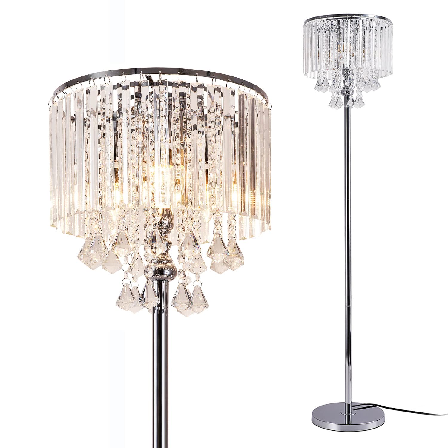Modern Crystal Floor Lamp with On/Off Foot Switch - 3-Light Glass & Chrome Standing Lamp for Living Room, Bedroom, Office - Elegant Reading Corner Lighting for Home & Cafe Decor