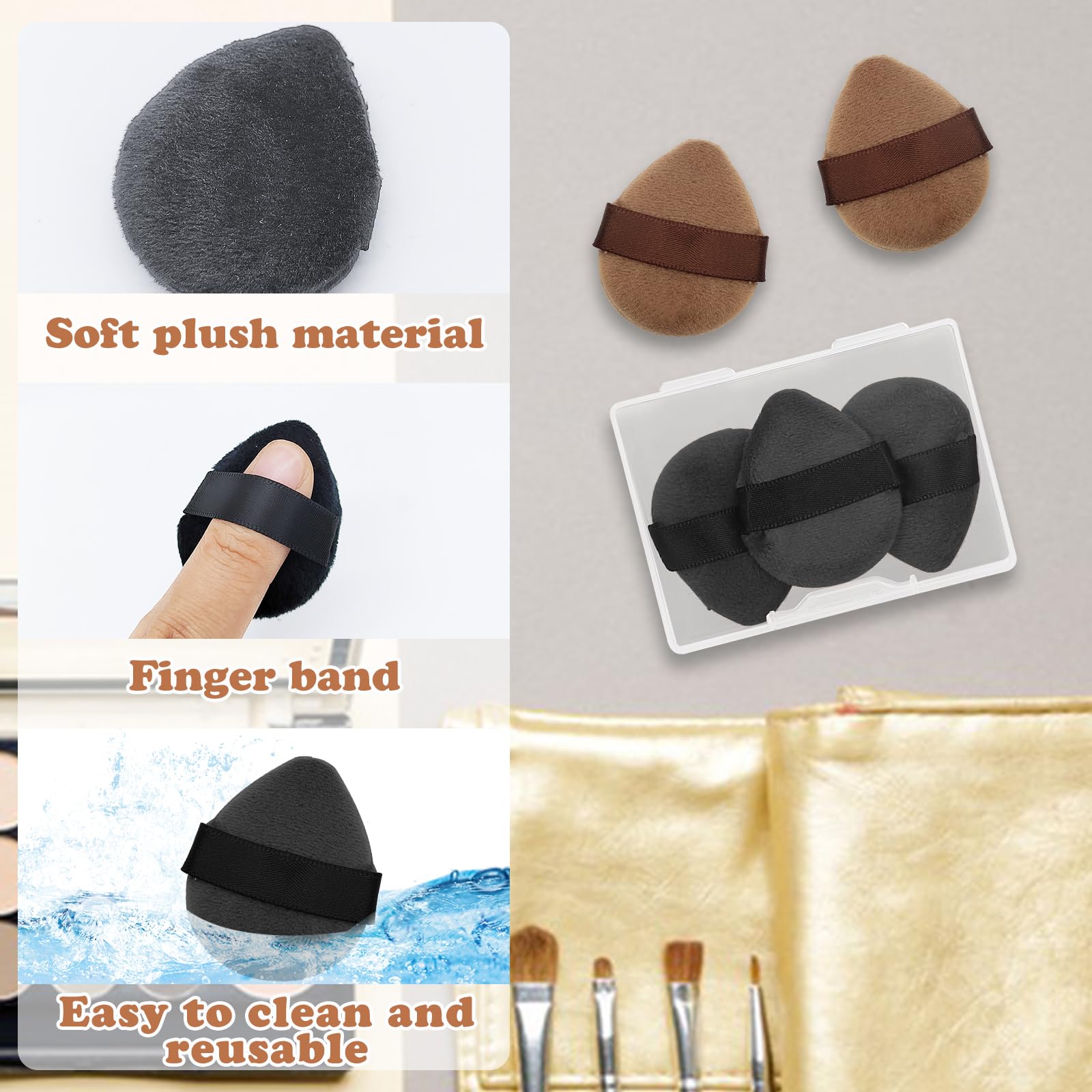 6pcs Mini Velvet Powder Puffs with Travel Case - Reusable Makeup Puffs for Loose Powder, Blush, Highlighter & Eyeshadow - Create Flawless Natural Makeup - Perfect for Travel, Home & Professional Use (Black+Brown)