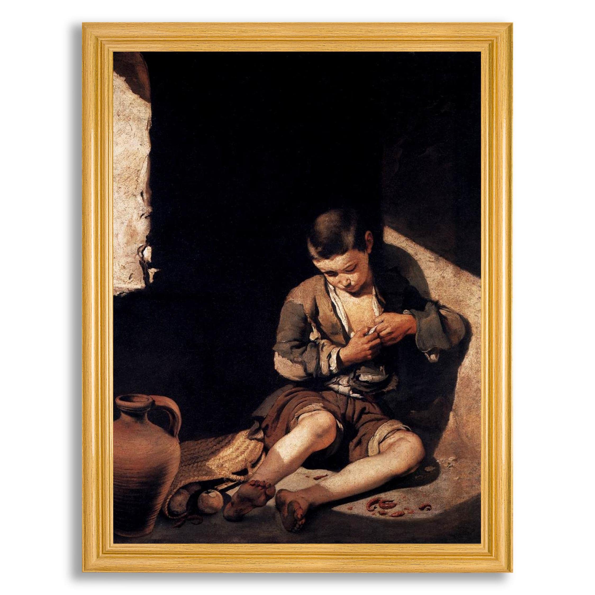 The Young Beggar by Bartolome Murillo - Framed Canvas Wall Art, Fine Art Reproduction in Wood Frame - Home & Office Decor for Bedroom, Living Room, Study - Perfect Gift for Art Lovers & Interior Design
