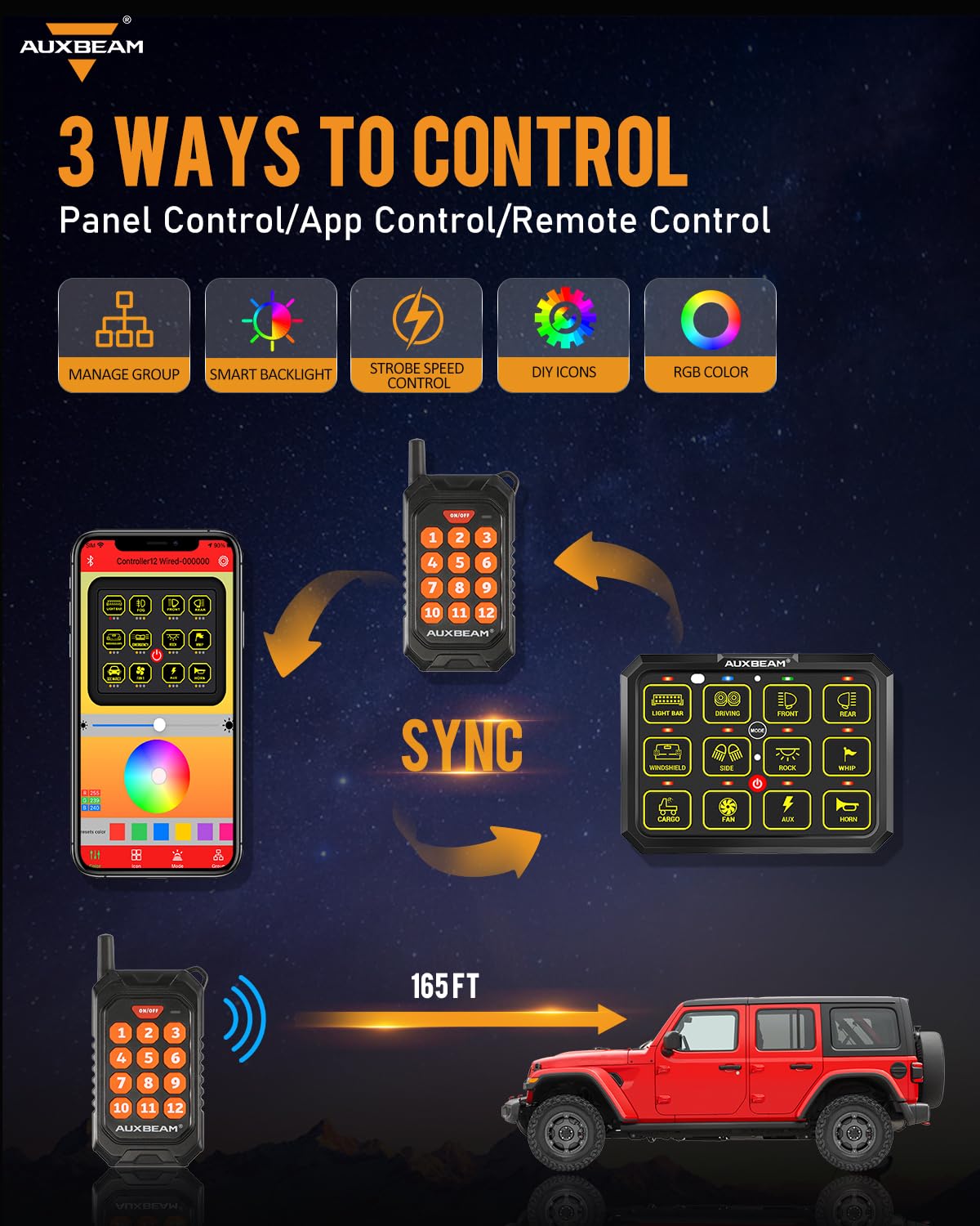 Auxbeam 12 Gang Switch Panel Bluetooth RGB AC-1200 with APP & Remote Control - Toggle/Momentary/Pulsed Switch Pod for Truck, Offroad, UTV, ATV, Car, Marine (12-24V Waterproof) - Perfect for Off-Roading, Camping & Marine Adventures - 2 Year Warranty