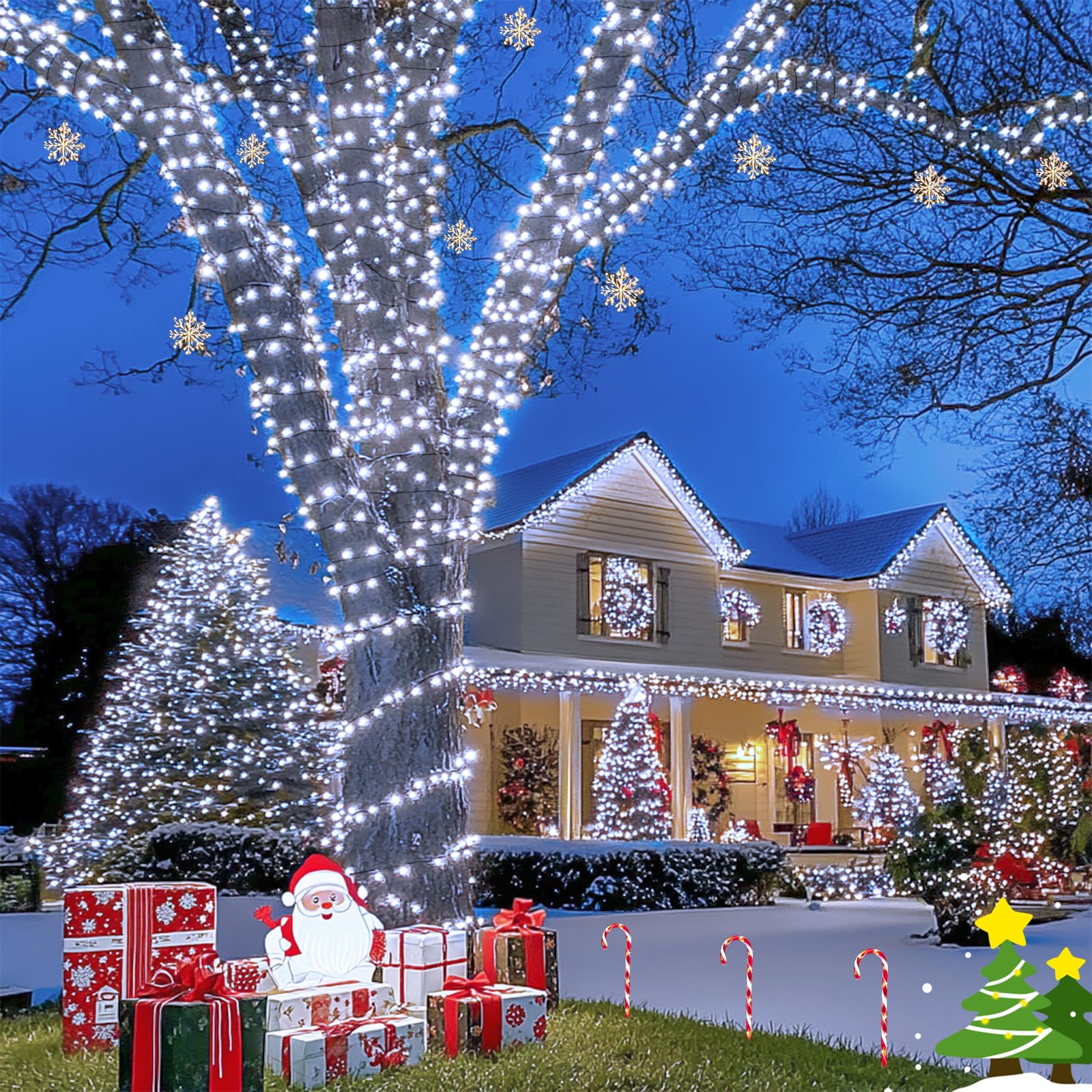 JMEXSUSS 600LED Solar Powered Outdoor String Lights - 206.7ft Waterproof White Christmas Lights with 8 Lighting Modes | Perfect for Yard, Patio, Garden, Wedding, Party & Christmas Tree Decorations