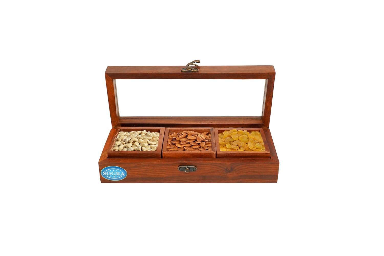 SOGRA 3-Compartment Wooden Storage Box for Nuts, Seeds, Dried Fruits - Organize Snacks, Spices & Kitchen Essentials | Perfect for Pantry, Countertop & Gift Giving