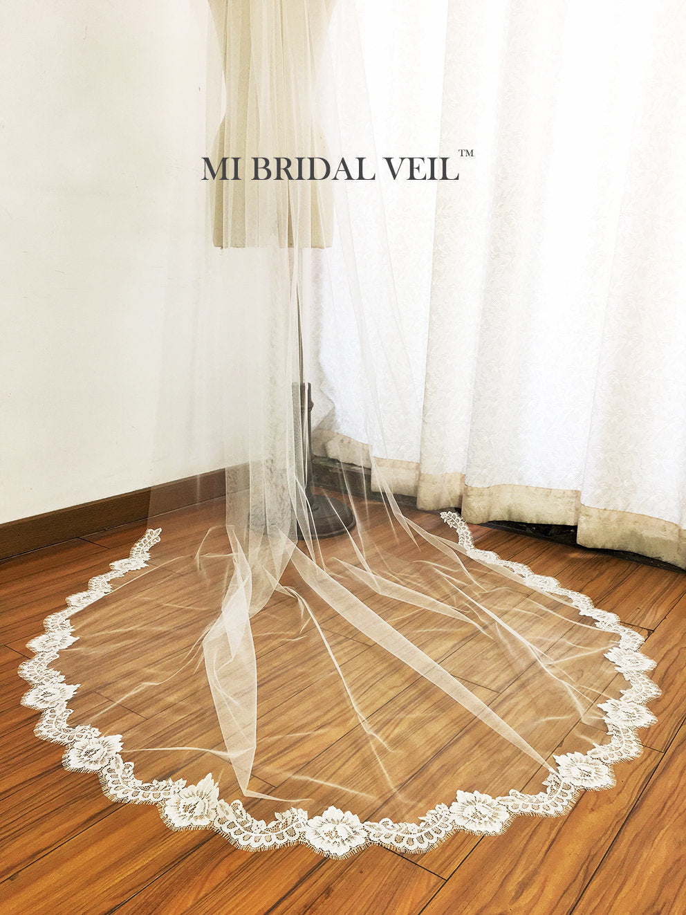 Vintage Inspired Chantilly Lace Wedding Veil with Eyelash Rose Design | Cathedral Length Bridal Veil for Wedding Ceremony | Perfect for Boho, Classic and Romantic Weddings