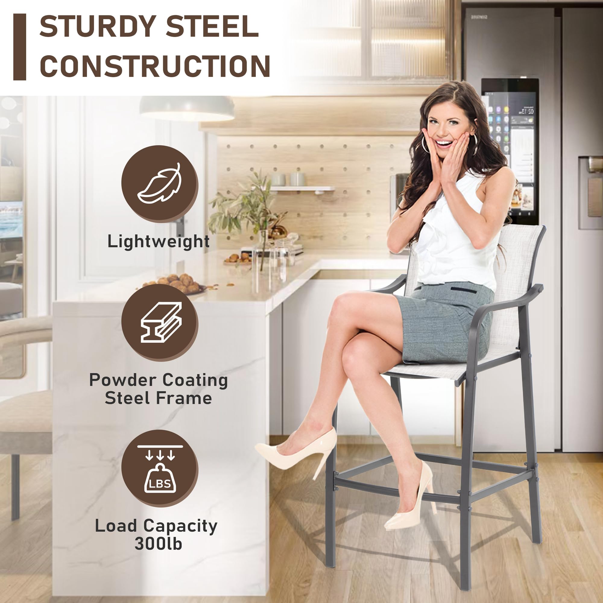 Outdoor Metal Bar Stools Set of 4 - Counter Height Steel Patio Chairs with Textilene Seat, Armrest & Footrest - Lightweight Grey Patio Furniture for Backyard, Deck, Poolside & Outdoor Dining