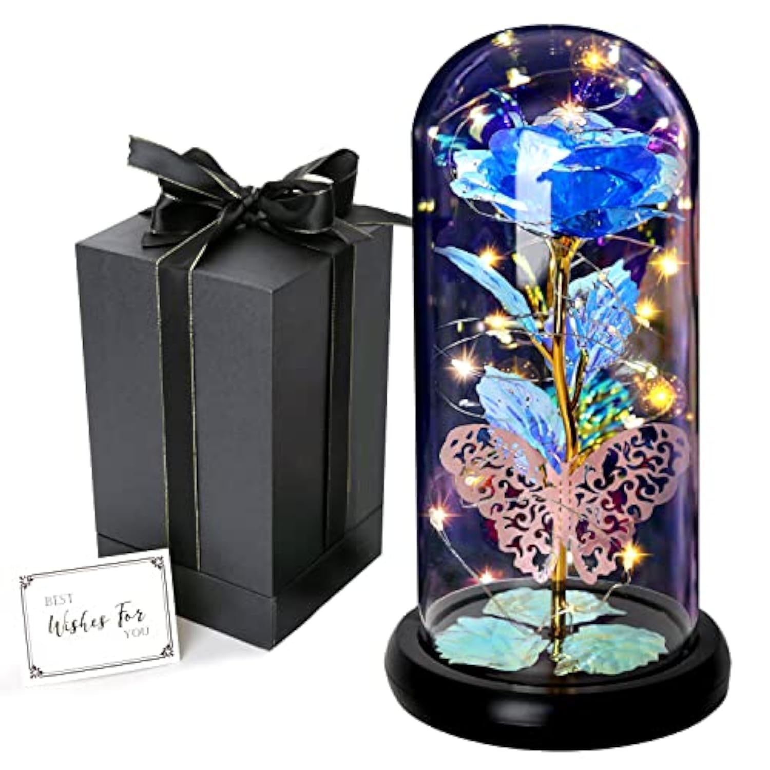 Eternal Rose in Glass Dome - Galaxy Blue Rose Gift for Women, Beauty and The Beast Inspired, Light Up Rose with Butterfly for Mother's Day, Birthday, Christmas, Wedding & Valentine's Day - Perfect Romantic Home Decor & Special Occasion Gift