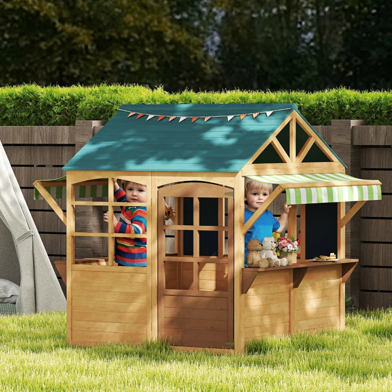 Qaba Wooden Foldable Playhouse for Kids Ages 3-8 - Outdoor Play Tent with Working Door, Rain Covers, Blackboard & Snack Bar - Perfect for Backyard, Garden & Indoor Pretend Play