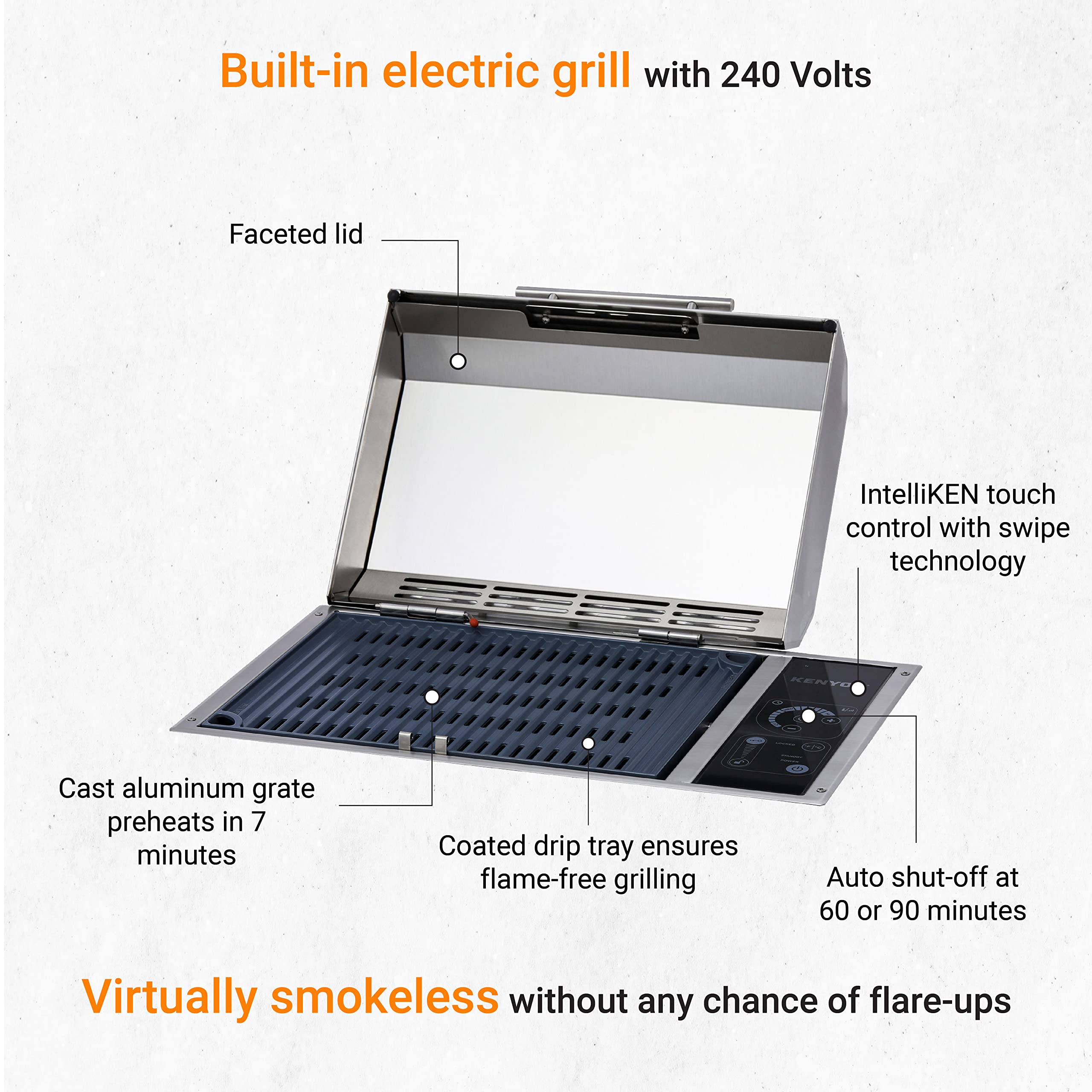 Kenyon Frontier Built-in Electric Grill - Single Burner with IntelliKEN Touch Control, Stainless Steel Rust-Proof Design, UL-Approved for Indoor/Outdoor Use, Dishwasher Safe Grate (240V) - Perfect for Patio BBQs, Outdoor Kitchens & Small Space Cooking